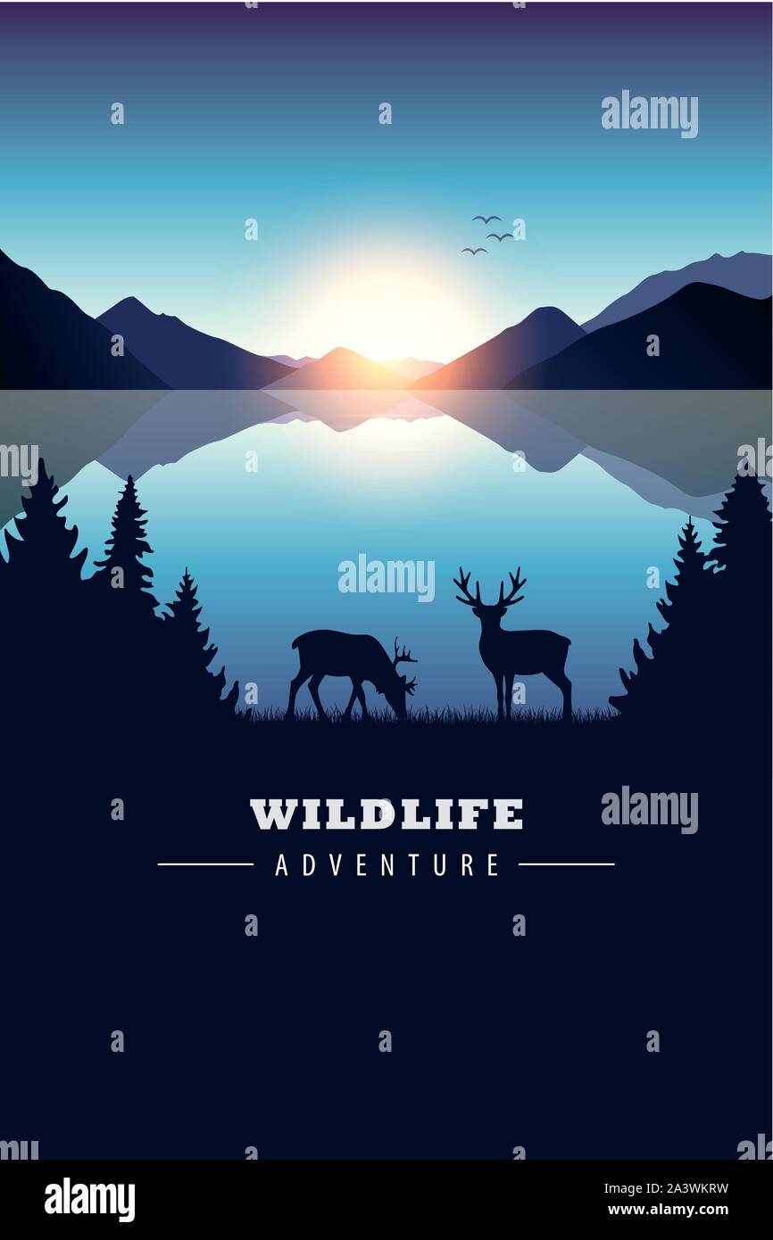 Wildlife Abenteuer elk in der Wüste blaue See bei Sonnenuntergang Vektor-illustration EPS 10. Stock Vektor