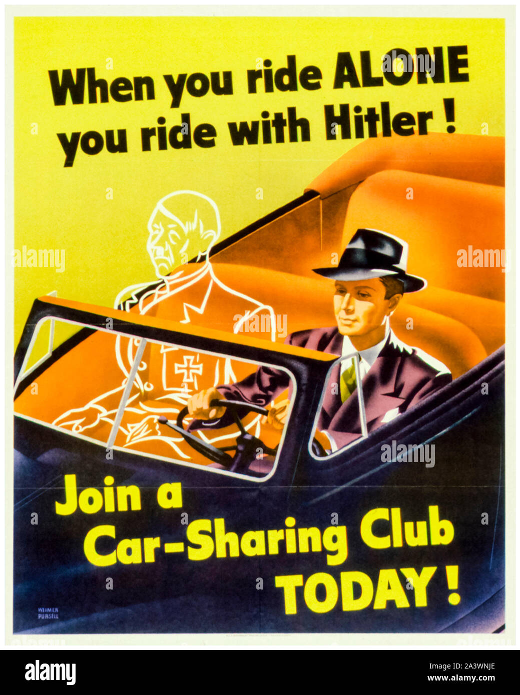 American, USA, WW2, Kraftstoff sparen, Plakat, wenn sie allein fahren, reiten Sie mit Hitler, (Car-sharing, Ökonomisierung), 1941-1945 Stockfoto