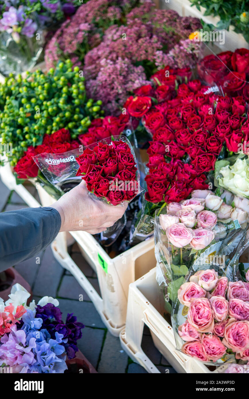 Person, Blumen pflücken am Marktstand Stockfoto