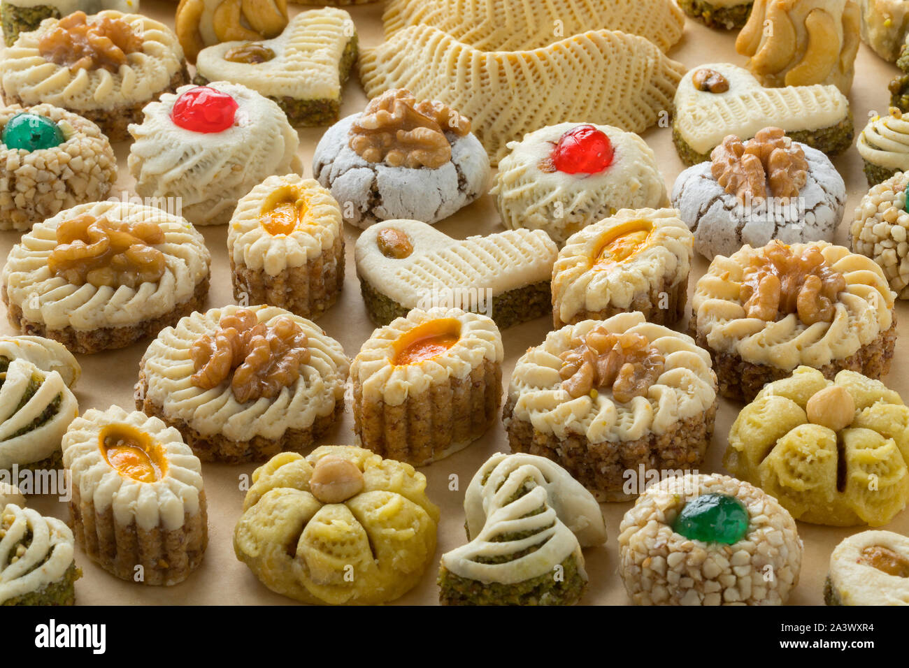 Vielfalt der traditionellen festlichen Marokkanischen cookies full frame Nahaufnahme Stockfoto