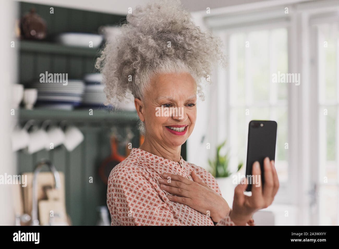 Ältere erwachsene Frau auf einem videocall mit Familie Stockfoto
