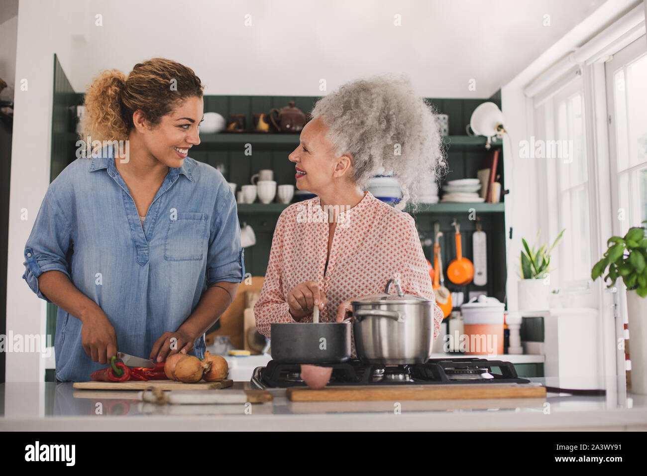 Ältere Erwachsene Frau Kochen einer Mahlzeit mit Tochter Stockfoto