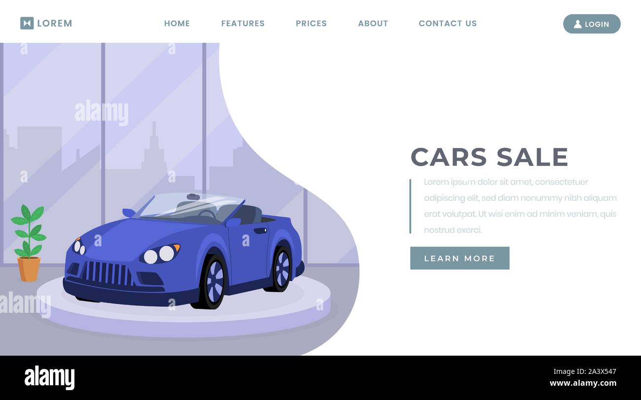 Auto Verkauf Startseite vector Template. Fahrzeugvermietung service  Homepage Schnittstelle Idee mit flachen Abbildung. Transport retail Center,  Automobil showroom Web Banner cartoon Konzept Stock-Vektorgrafik - Alamy