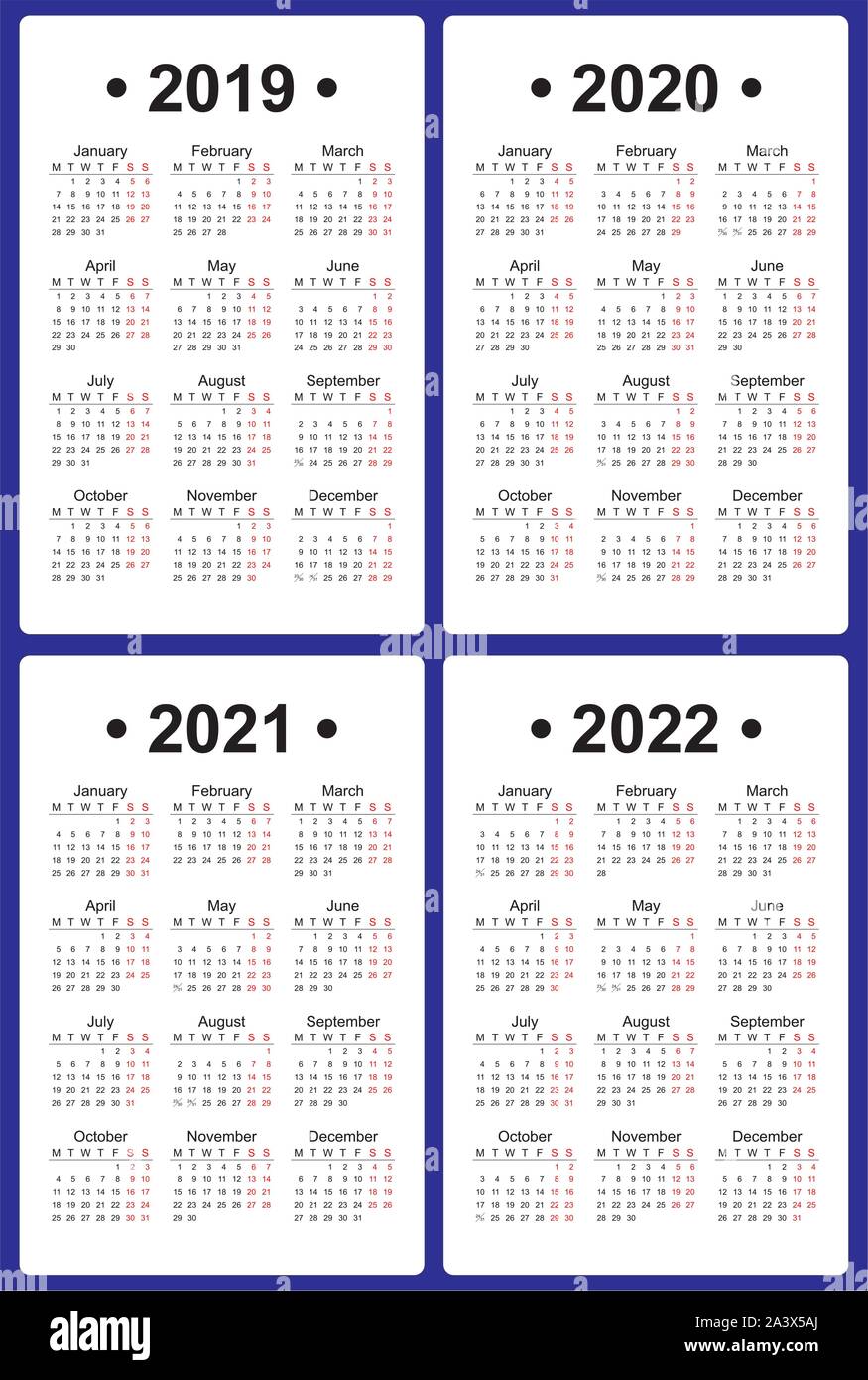 Satz von 4 Kalender vorlagen, Englische Sprache, Montag erster. 2019, 2020, 2021, 2022 Jahr Vector Stock Vektor