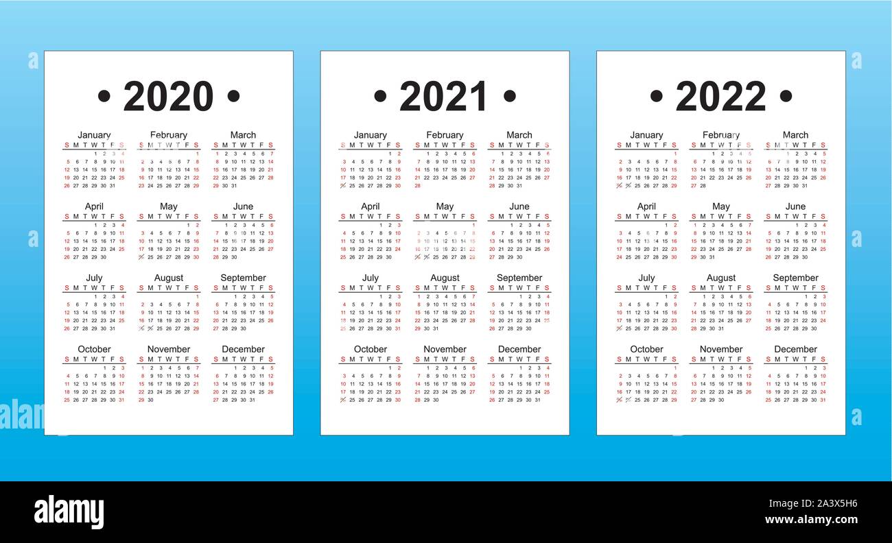 Satz von 3 Kalender vorlagen, Englische Sprache, 2020, 2021, 2022 Jahr Vector Stock Vektor