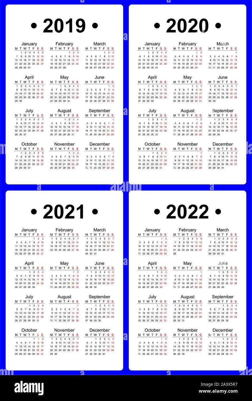 Satz von 4 Kalender vorlagen, Englische Sprache, Montag erster. 2019, 2020, 2021, 2022 Jahr Vector Stock Vektor
