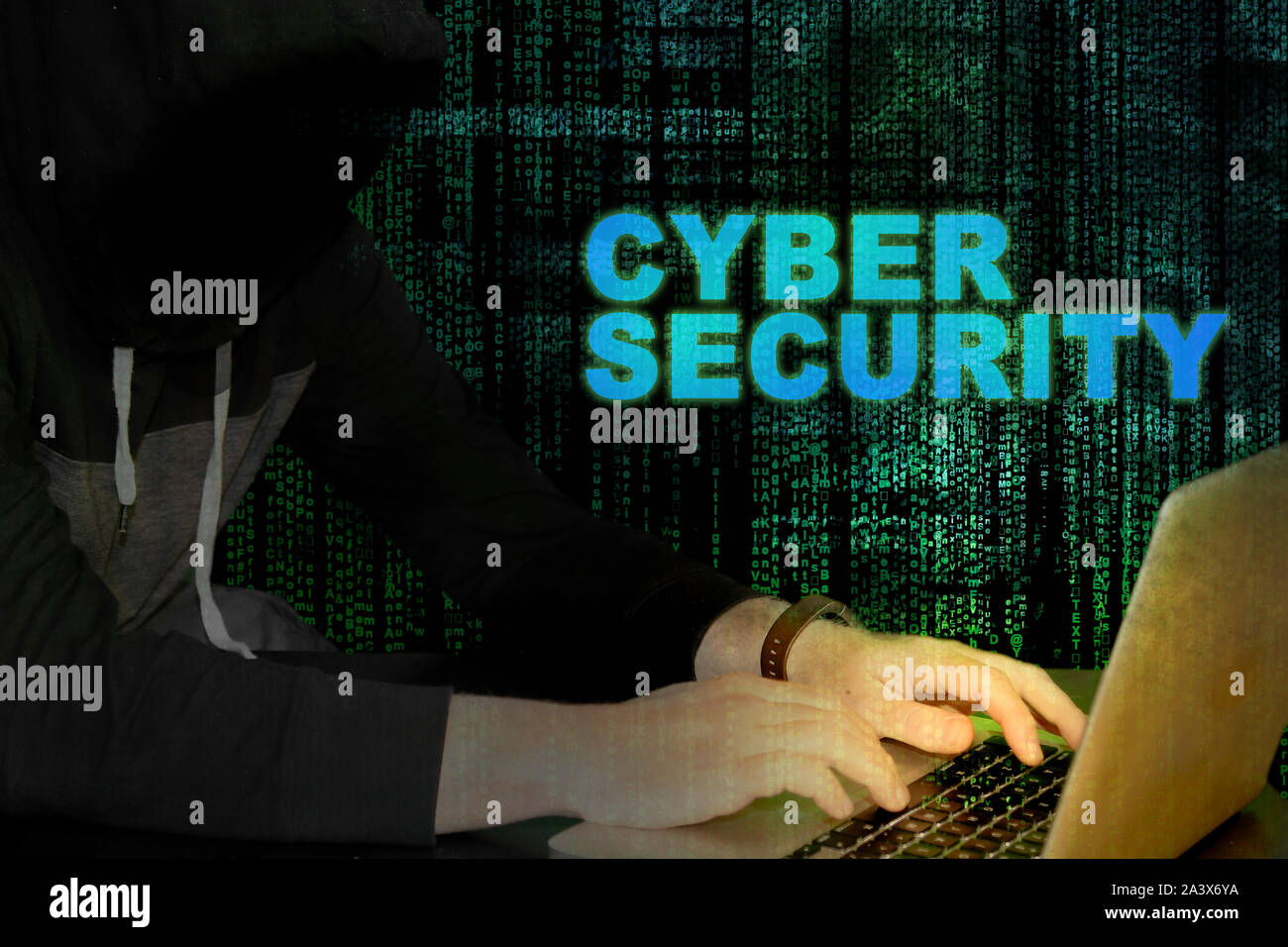 Cyber Security mit Hacker und code Hintergrund - Glühen von Computer Stockfoto