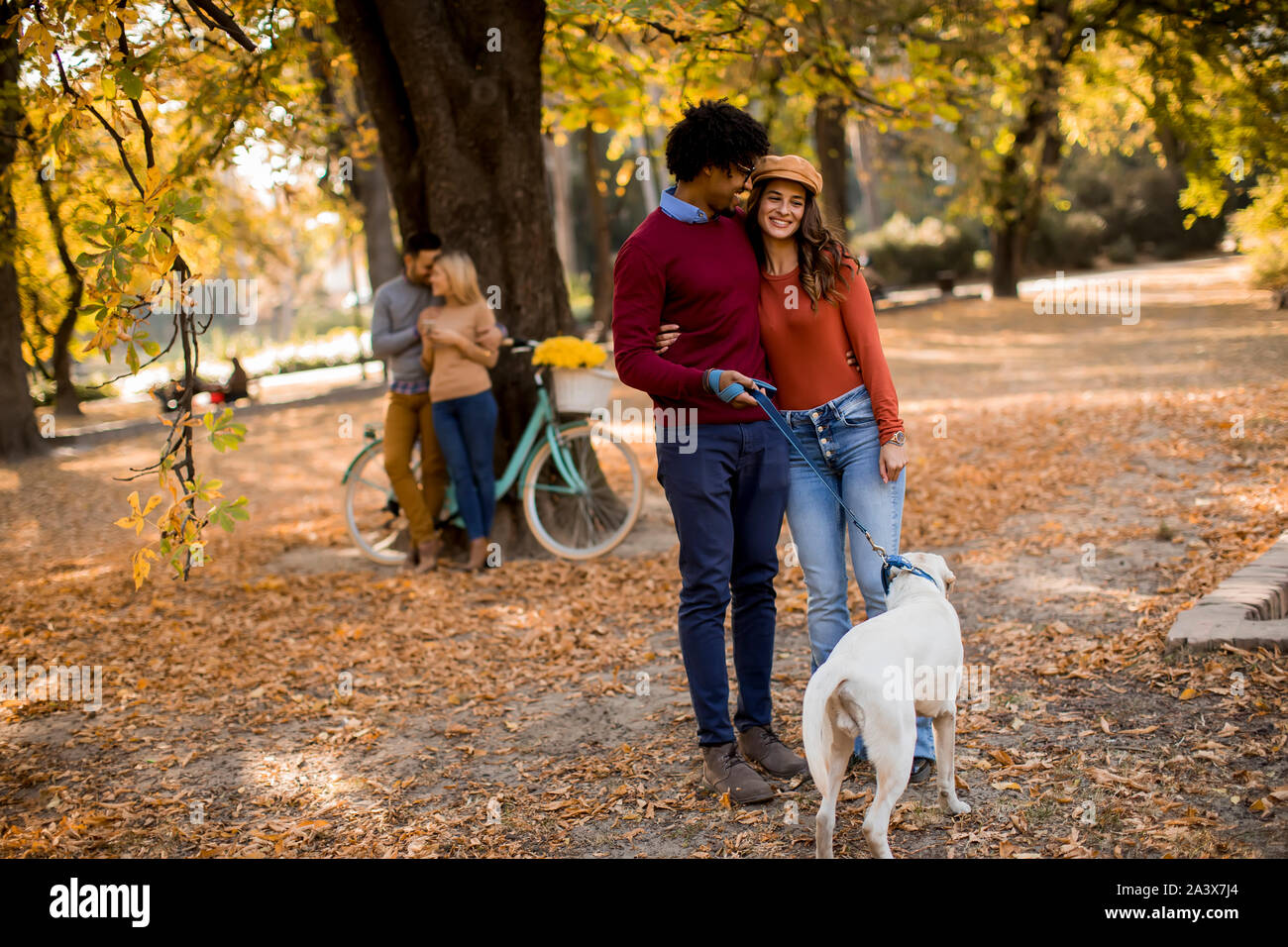 Multirassischen junges paar Wandern mit Hund im Herbst Park Stockfoto