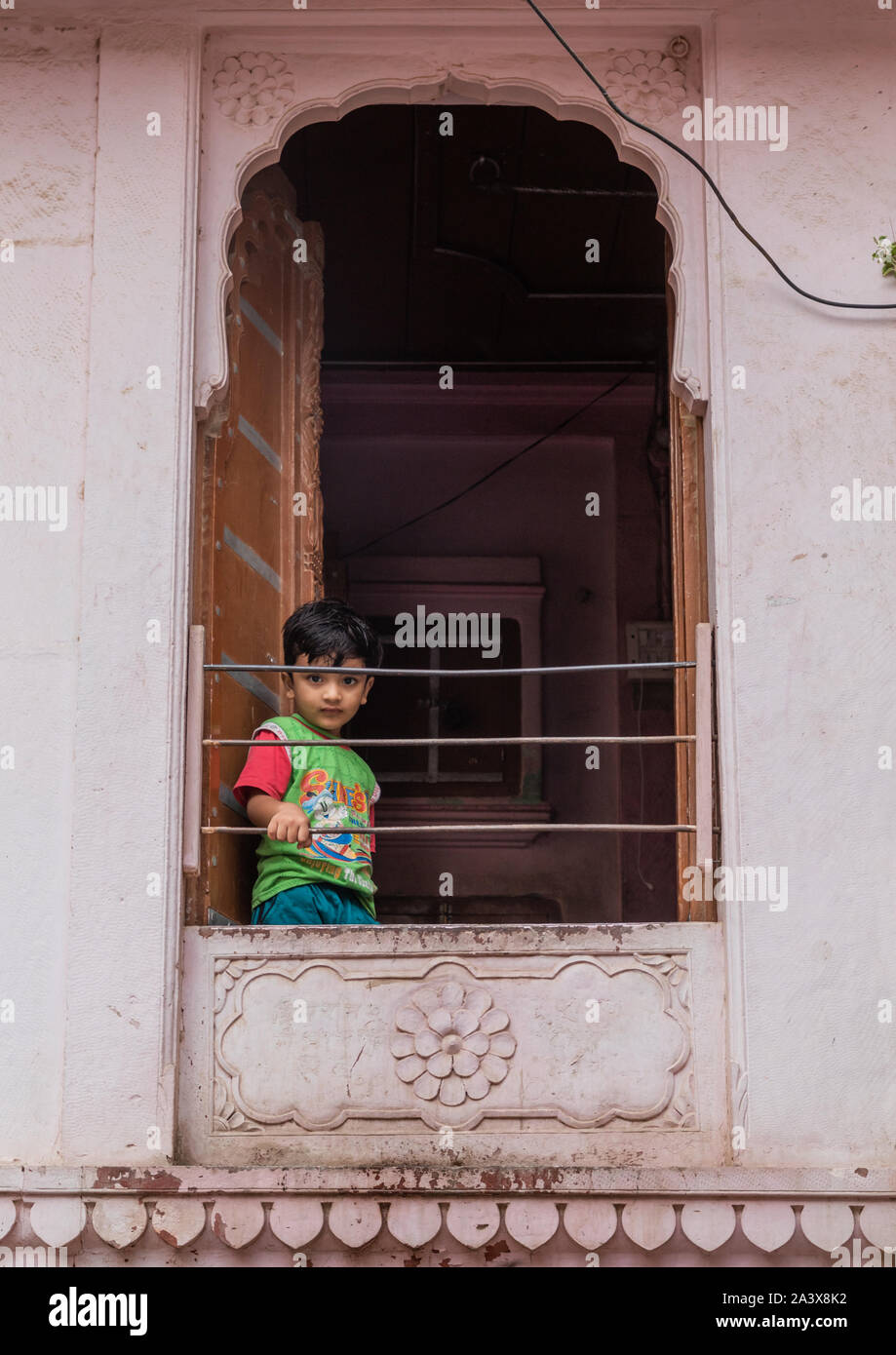 Porträt einer Rajasthani Junge in einem Fenster, Rajasthan, Bikaner, Indien Stockfoto