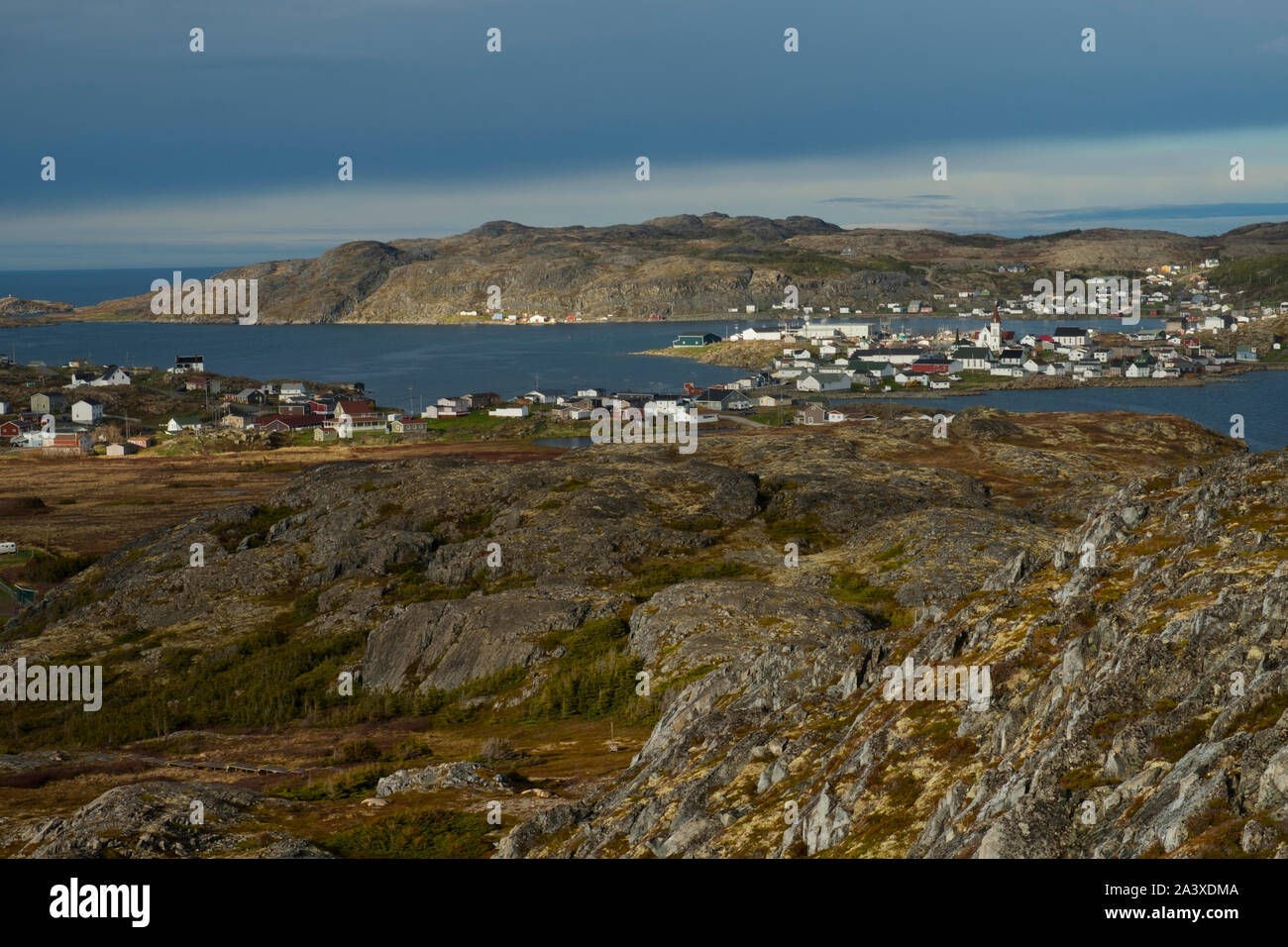 Stadt von Fogo von der Oberseite der Schwefel Kopf trail auf der Insel Fogo, NL Stockfoto