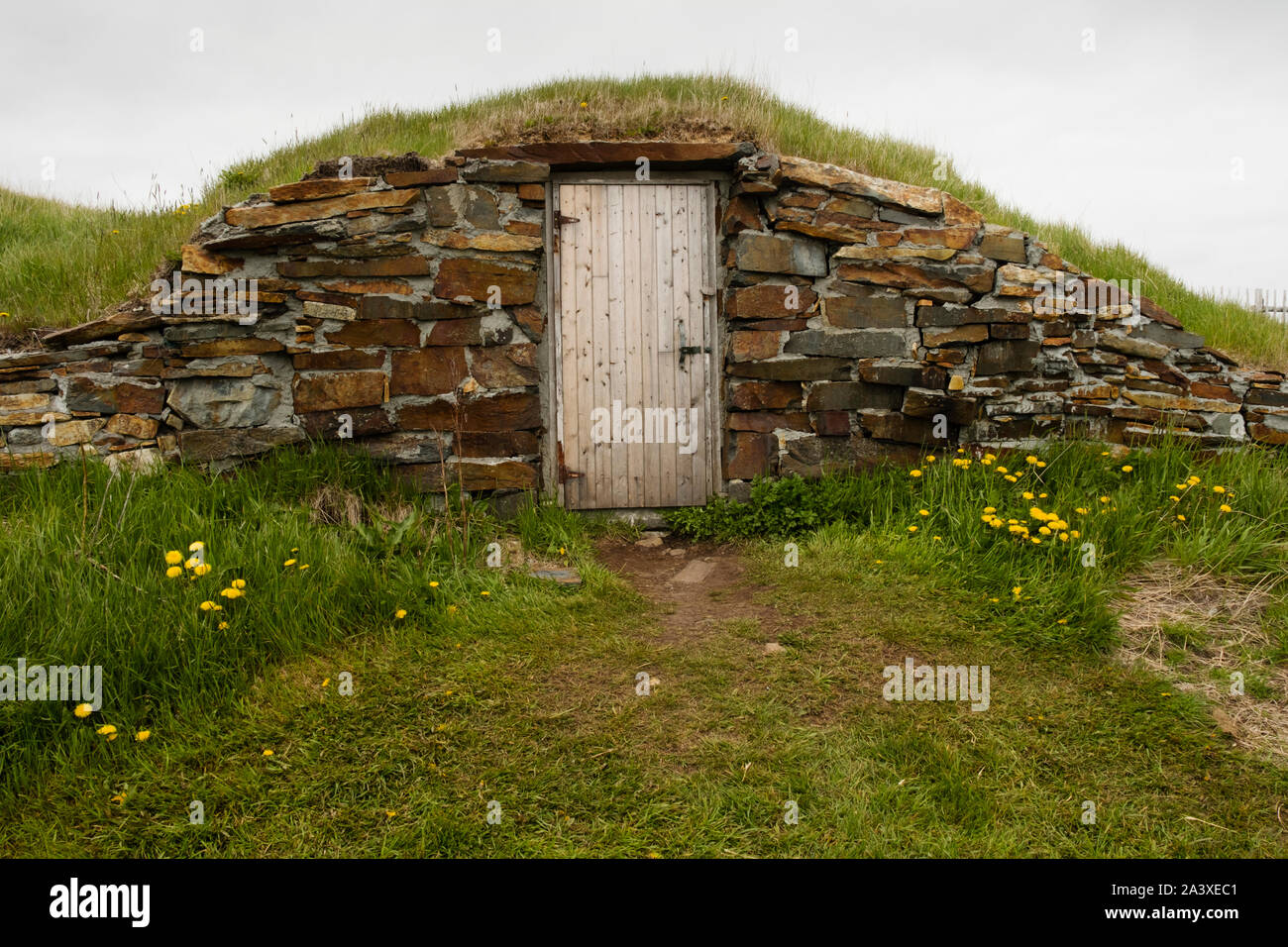 Root Keller aus Stein mit einer hölzernen Tür in Elliston, Neufundland Stockfoto