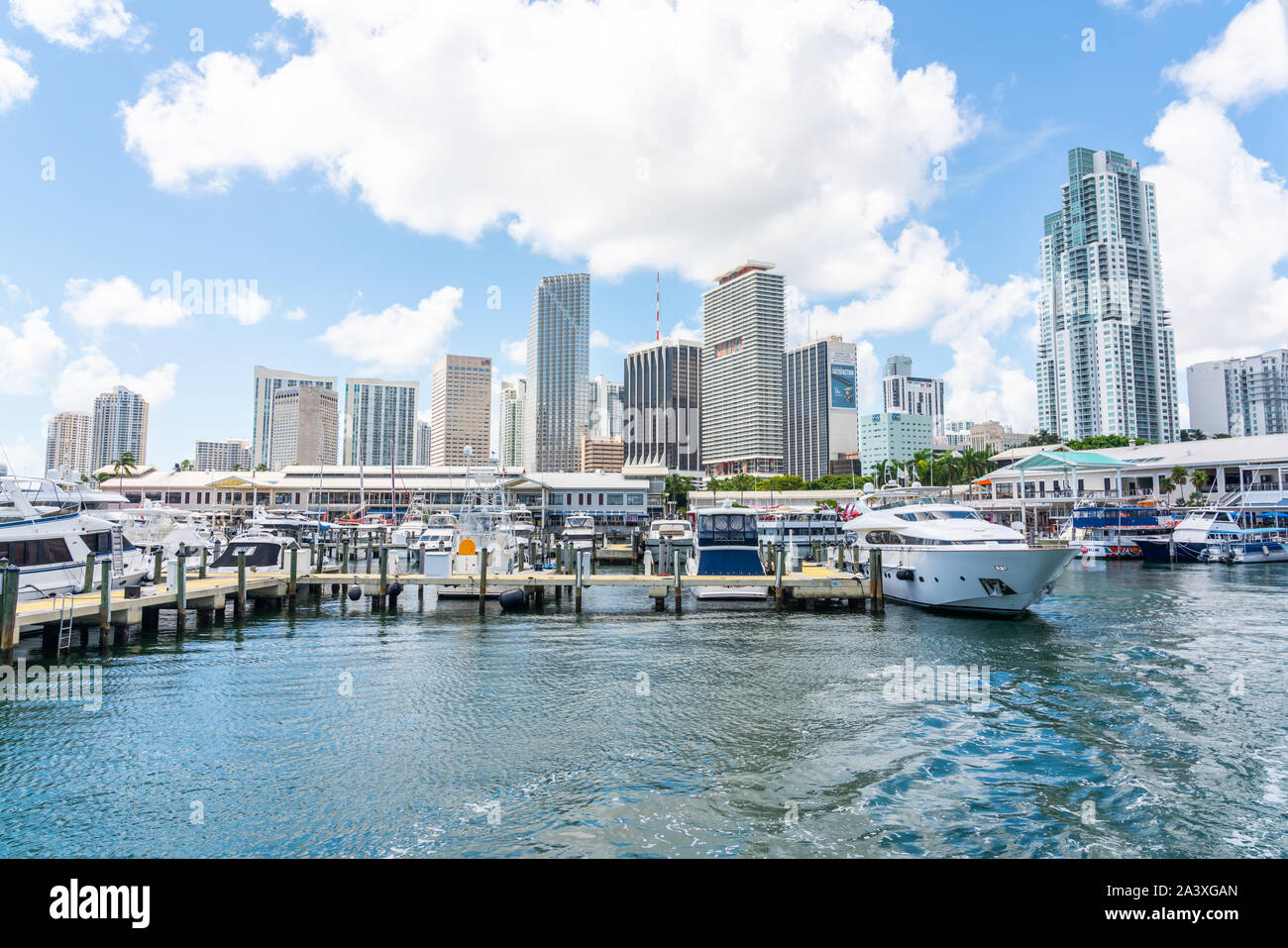 Miami, USA - 11. September 2019: Blick auf den Yachthafen in Miami Bayside mit modernen Gebäuden und Skyline im Hintergrund. Stockfoto