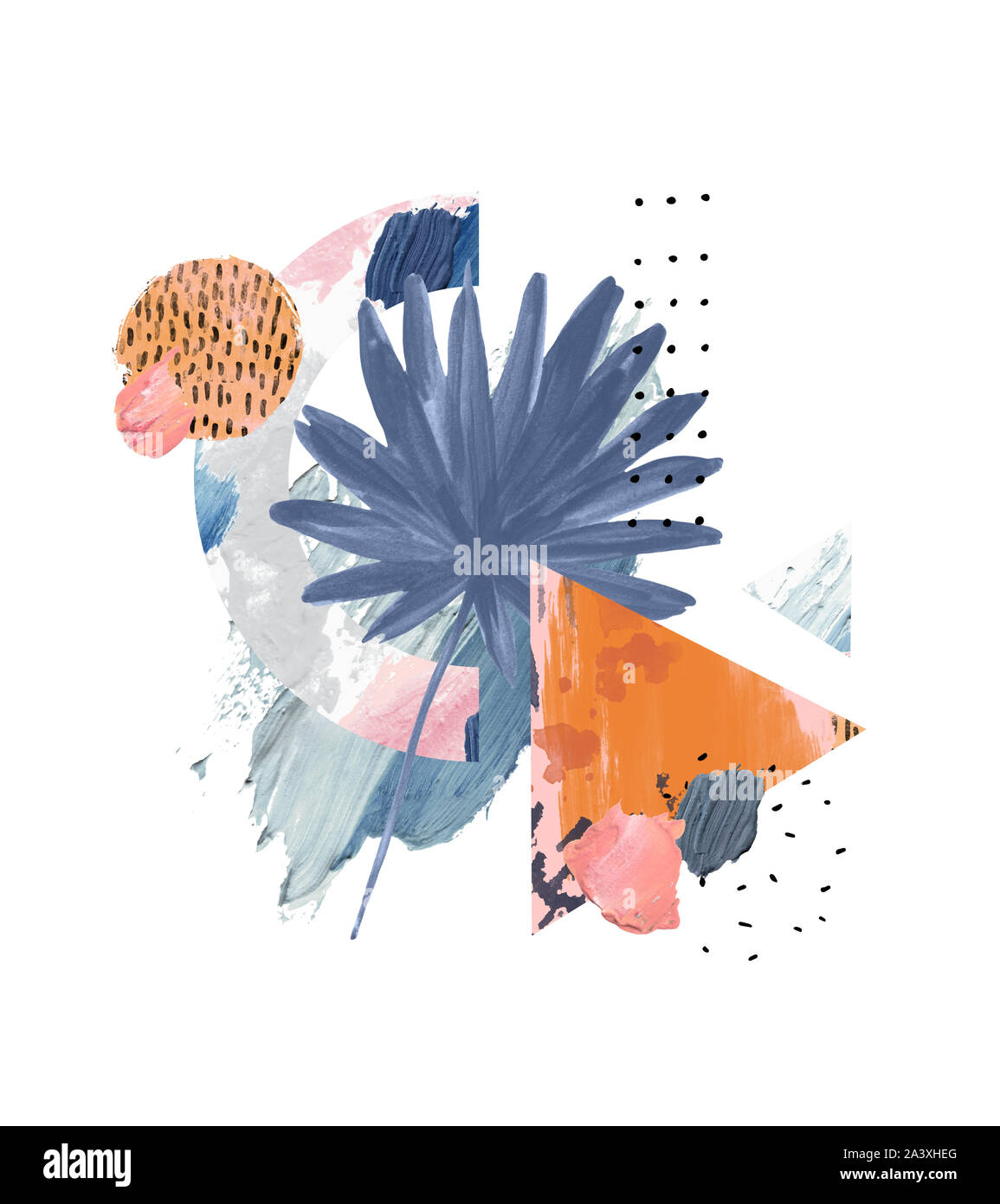 Abstrakte pastell Pinselstrichen und palm leaf Hintergrund. Acryl, Öl paint Grobe schmiert, blots, Textur, Aquarell tropischen Blatt Art. Handbemalte krank Stockfoto