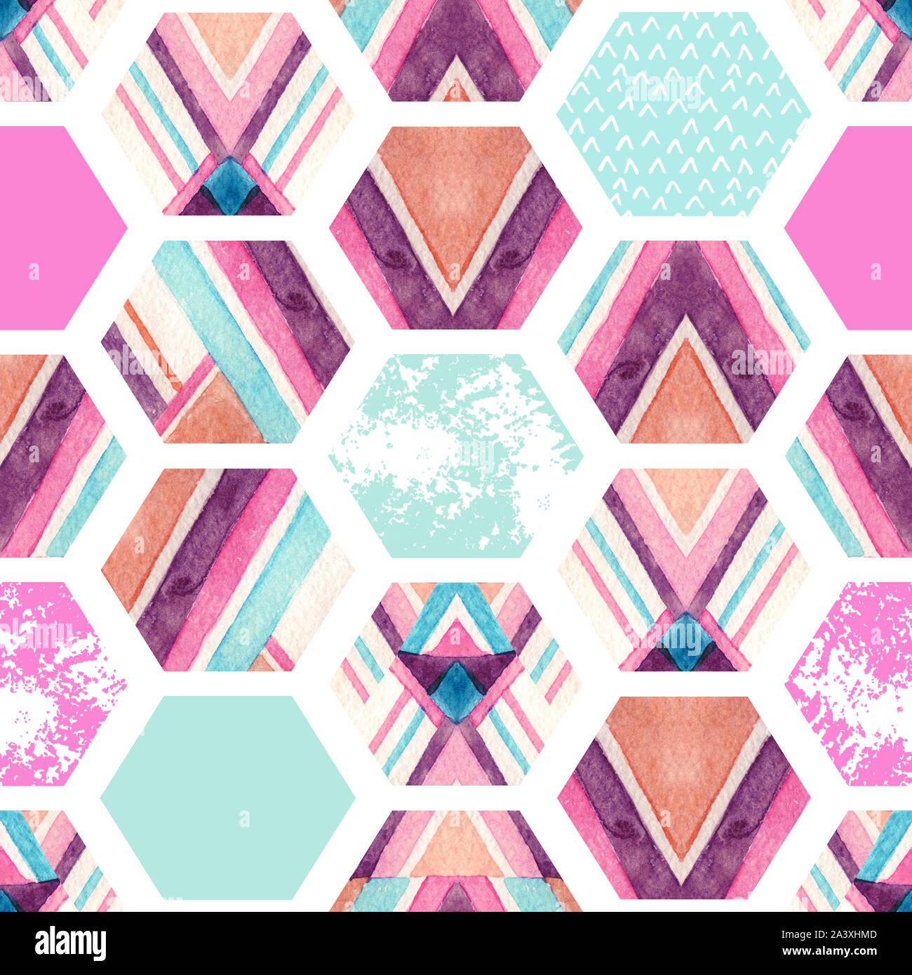 Aquarell Hexagon nahtlose Muster mit geometrischen dekorative Elemente. Abstrakte verzierten geometrischen Hintergrund mit grunge Textur. Hand gemalte Illus Stockfoto