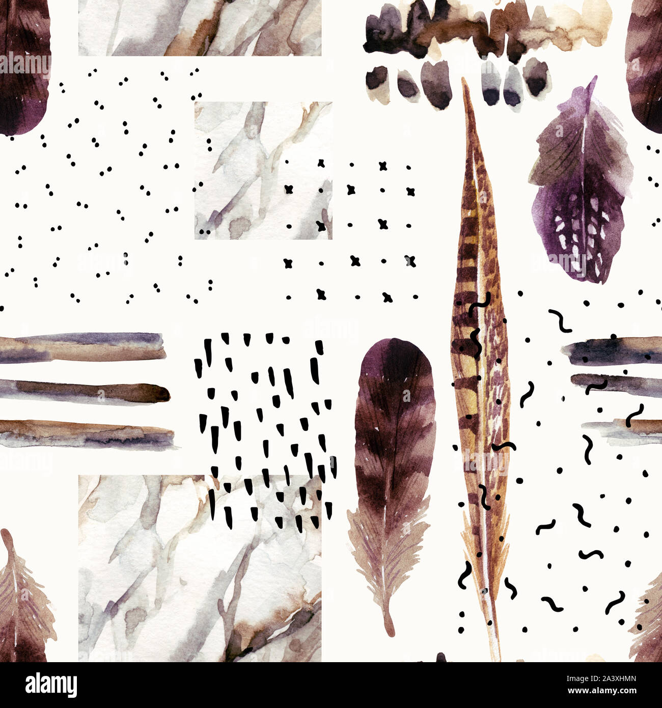 Abstrakte Aquarell Hintergrund: Pinselstrich, Doodle, Marmorierung, Grunge, Papier Textur. Wasser Farbe Marmor Malerei, Vogel Feder, Tinte scribble seamle Stockfoto