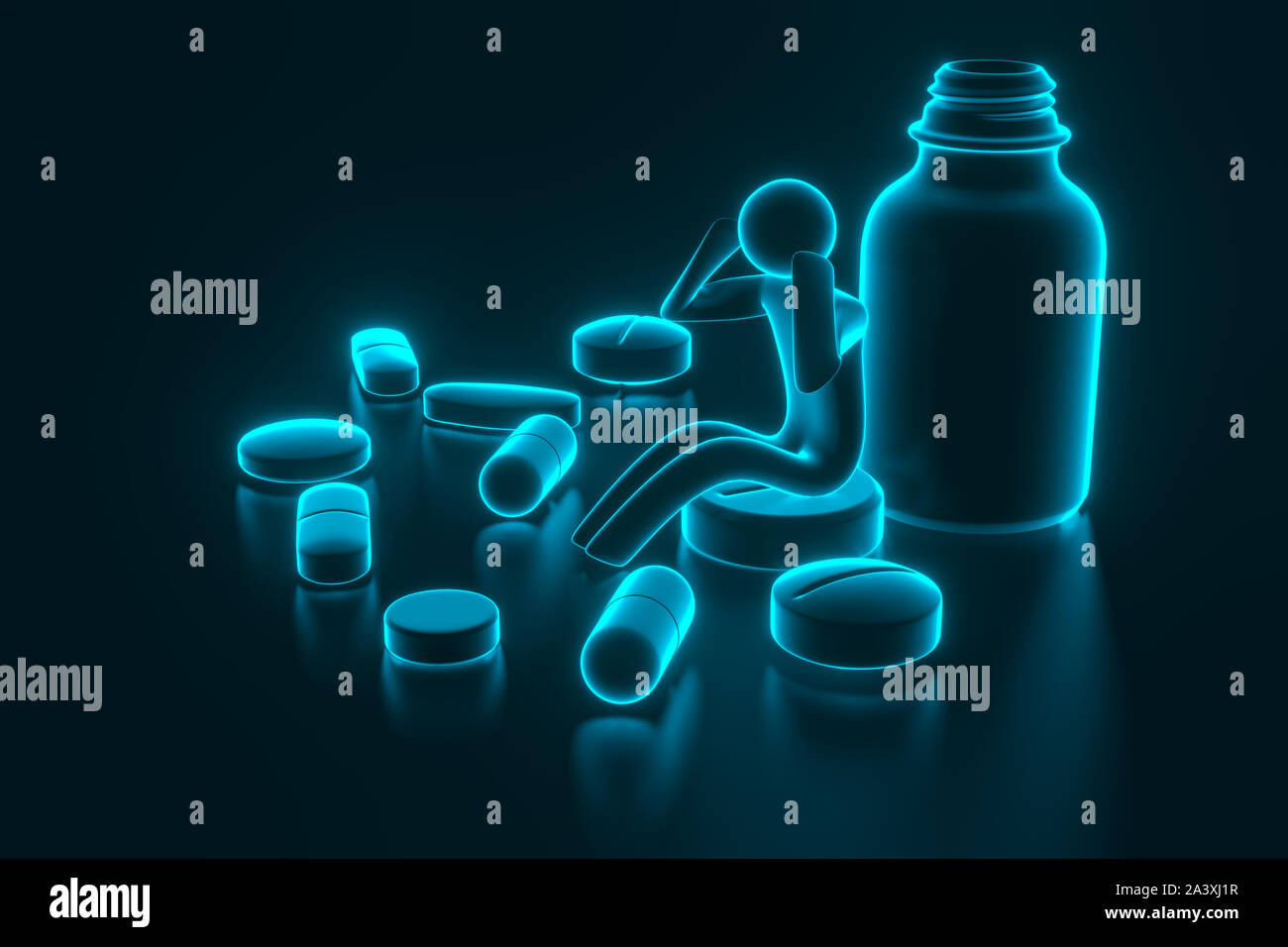 Kleine Leute sitzen auf Tabletten. Drogen und Pillen auf weißem Hintergrund, medizinische Pille, Tablette Symbol. 3D-Rendering Stockfoto