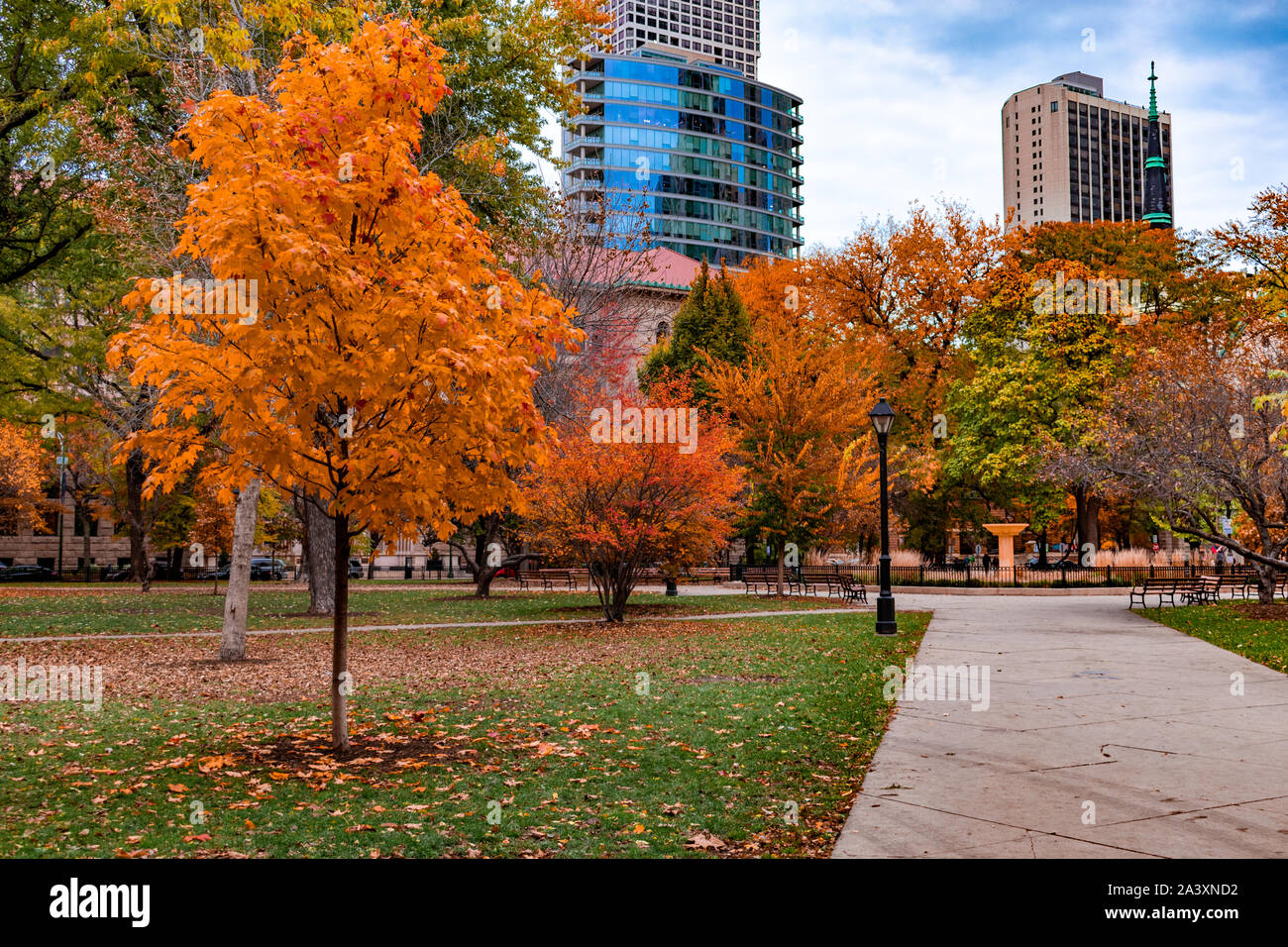 Washington Square Park in Chicago Gehweg im Herbst Stockfoto