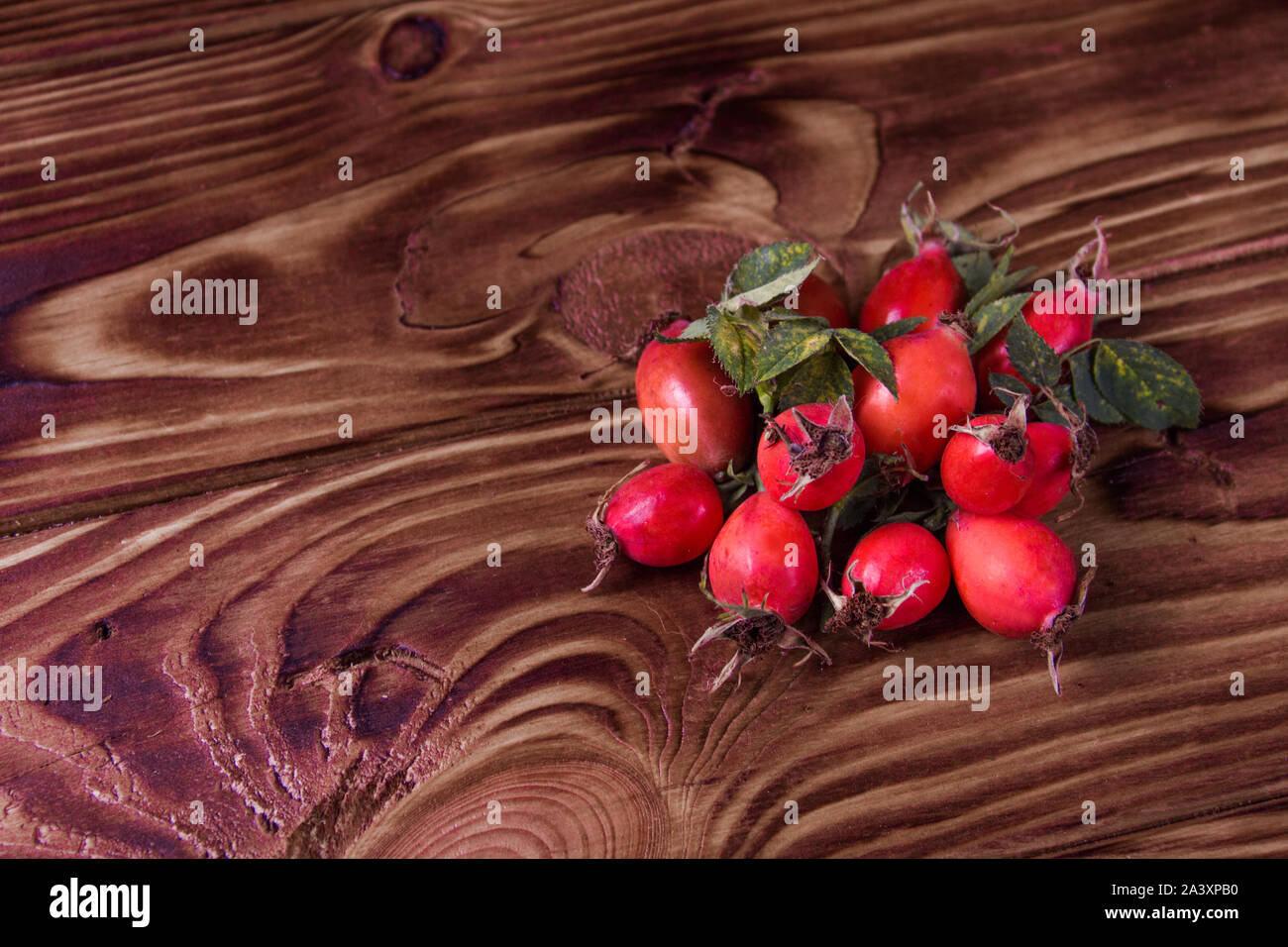 Rose hip auf einer hölzernen Hintergrund Stockfoto