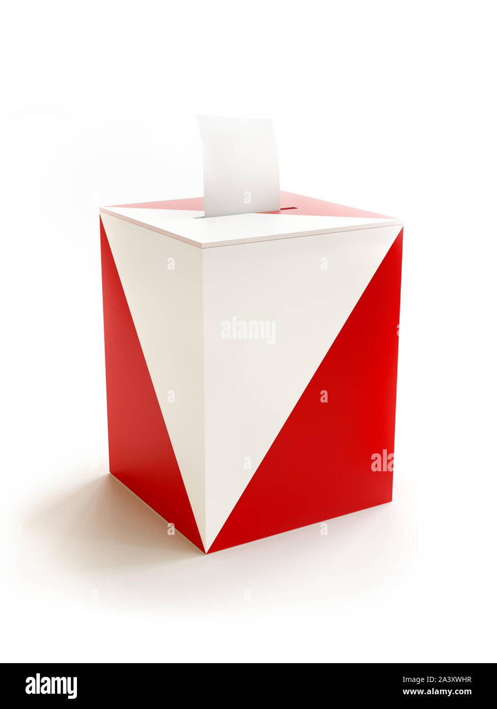 3D-Rendering des Polnischen roten und weißen Wahlurne mit stimmkarte auf weißem Hintergrund Stockfoto