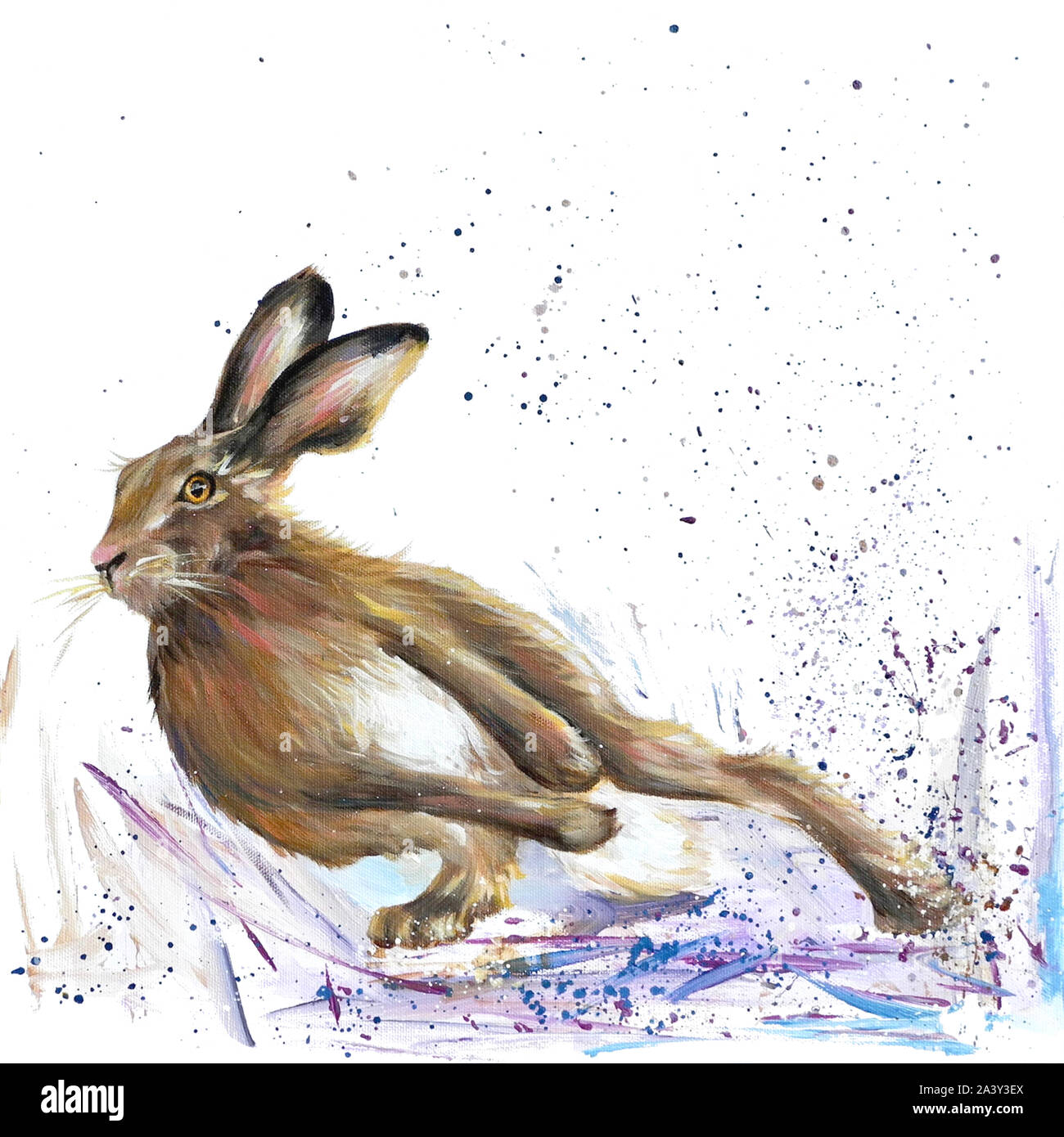 Malerei eines Hasen, die läuft und Rundung eine Ecke Stockfoto