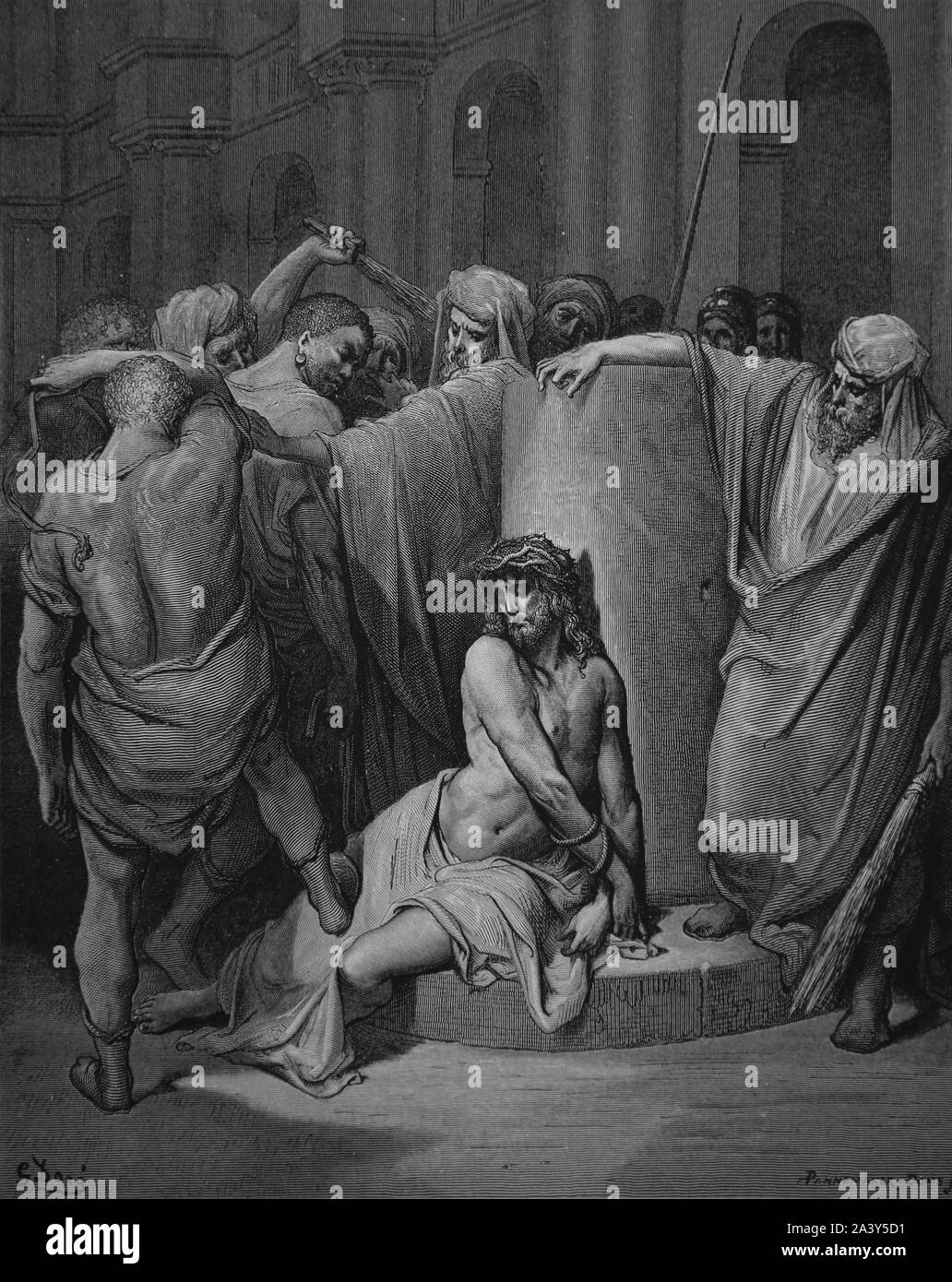 Leidenschaft. Jesus Geißeln. Johannes 19:1. Gravur. Bibel Illustrationen von Gustave Dore. 19. Später Färbung. Stockfoto