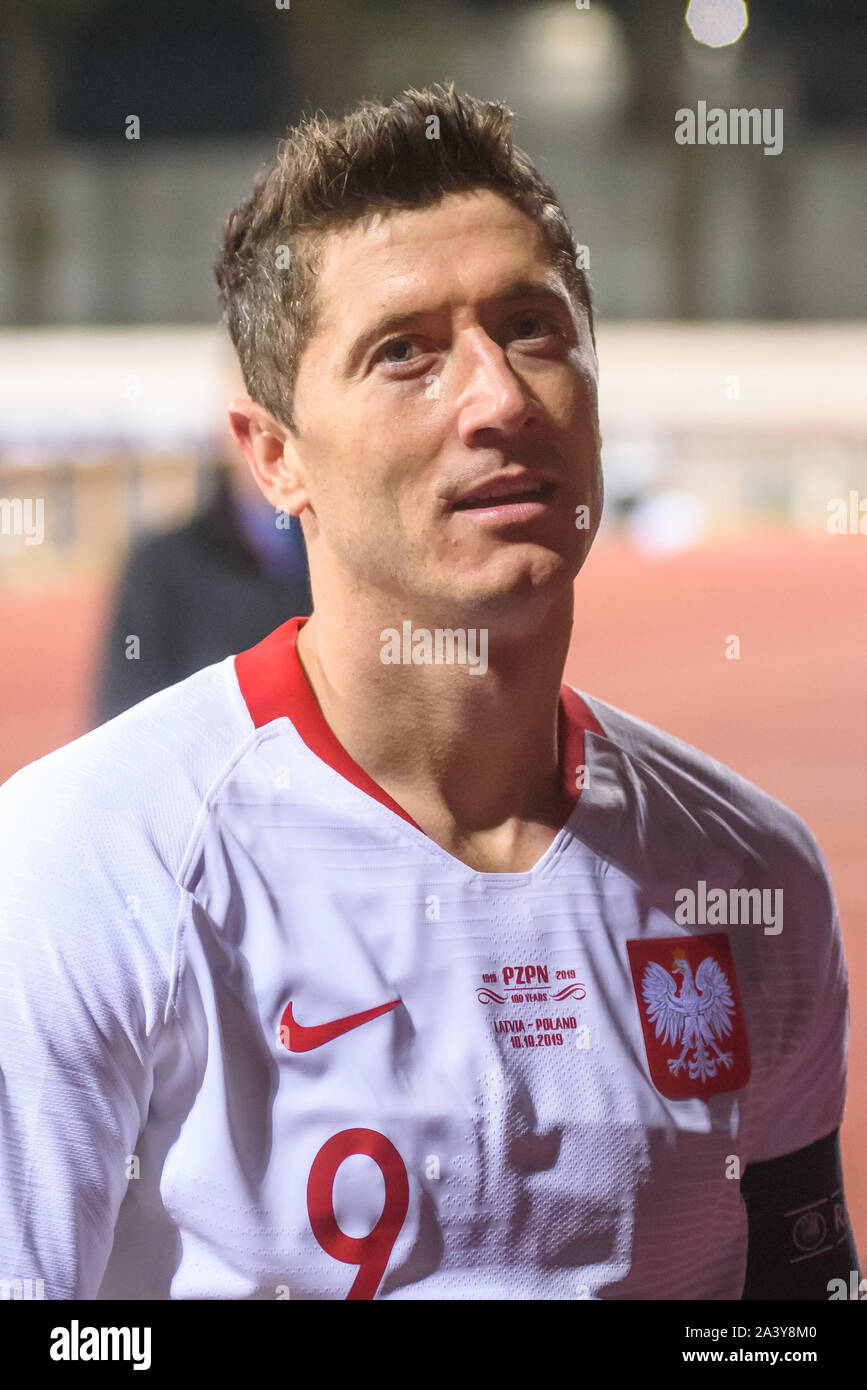 RIGA, Lettland. 10. Oktober, 2019. Robert Lewandoski, nach der UEFA EURO 2020 Qualifikation Spiel zwischen den nationalen Fußball-Team von Lettland und Polen. Credit: gints Ivuskans/Alamy leben Nachrichten Stockfoto