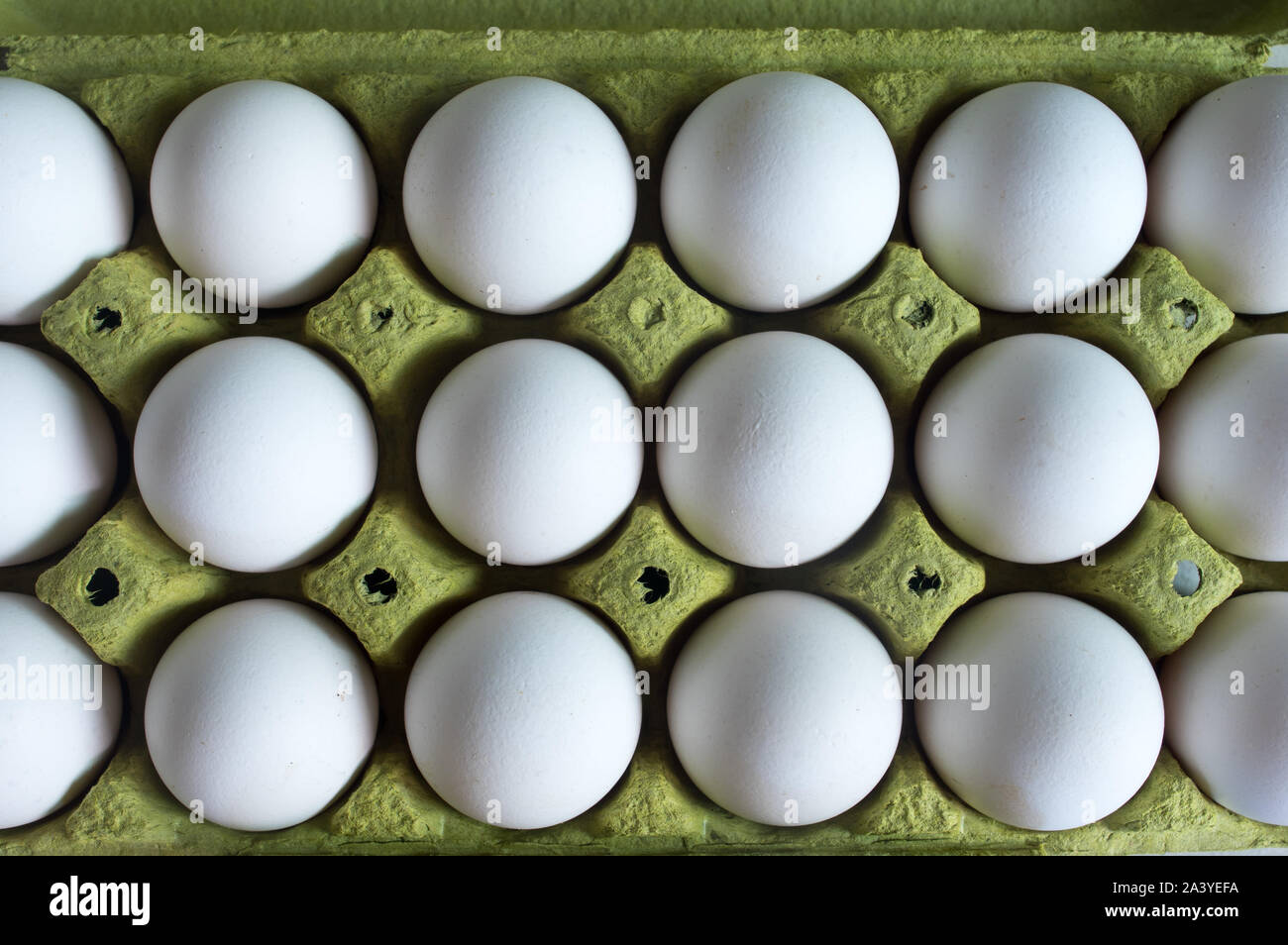Weißes huhn eier auf ihre Pappe container, Schuß von der Oberseite. Stockfoto