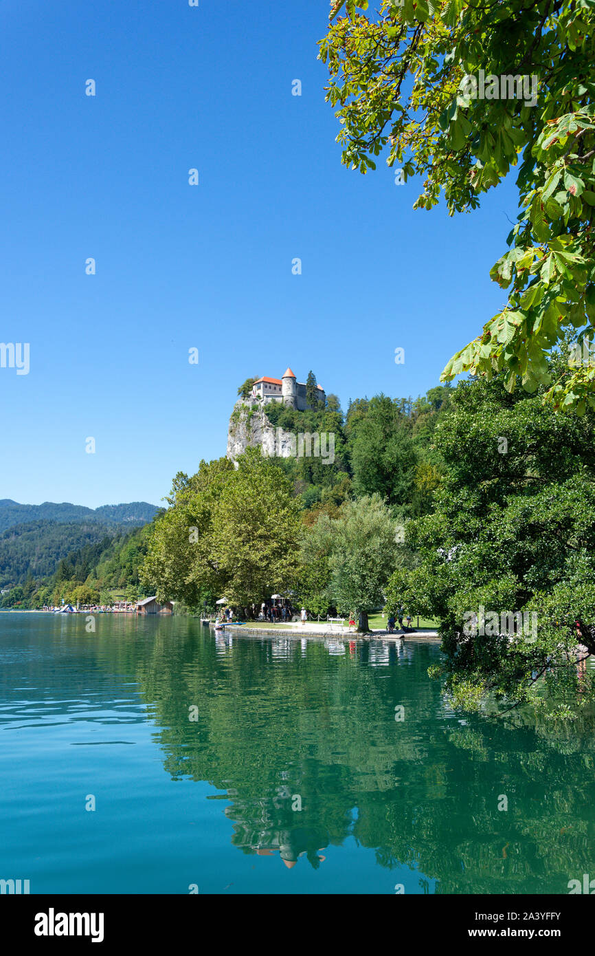 Blick auf die Küste und die Burg von Bled, Bled, Bled, Obere Kraina, Slowenien Stockfoto