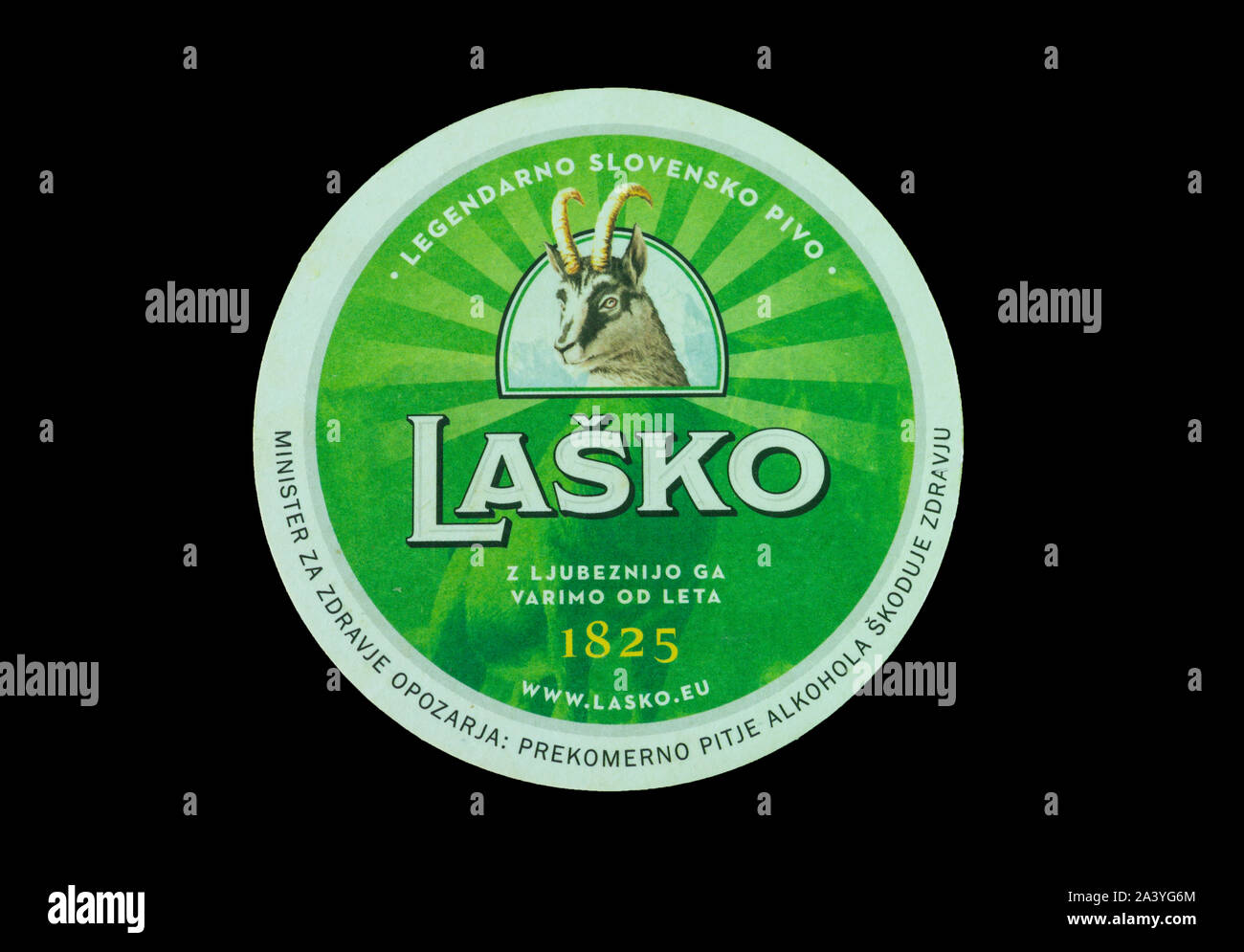 Slowenische 'Lasko' Bierdeckel, der See von Bled, Bled, Obere Kraina, Slowenien Stockfoto