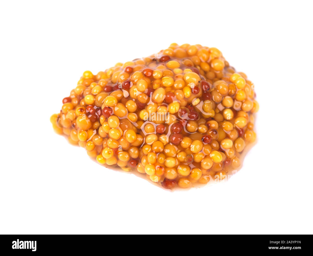 Typisch französischen Dijon Senf grob auf weißem Hintergrund. Vollkorn Dijon Senf mit braunen Samen. Stockfoto