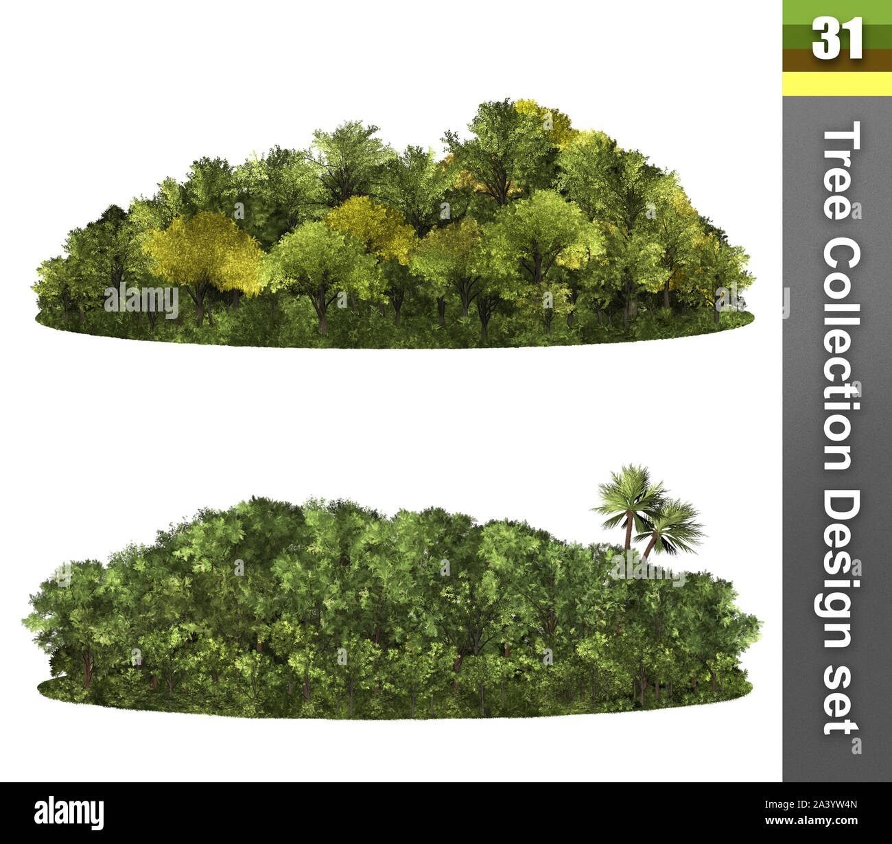Bäume Korrektur Design. Wald isoliert. Bild nützlich für Hintergrund Natur Banner. Abbildung: 3D-Rendering. Stockfoto