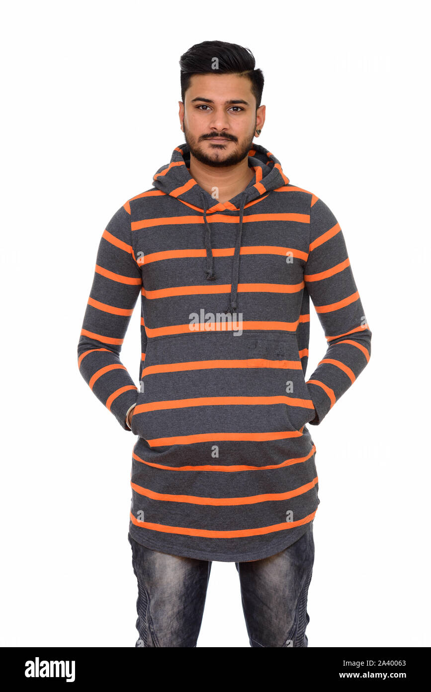 Junge schöne Inder vor weißem Hintergrund Stockfoto