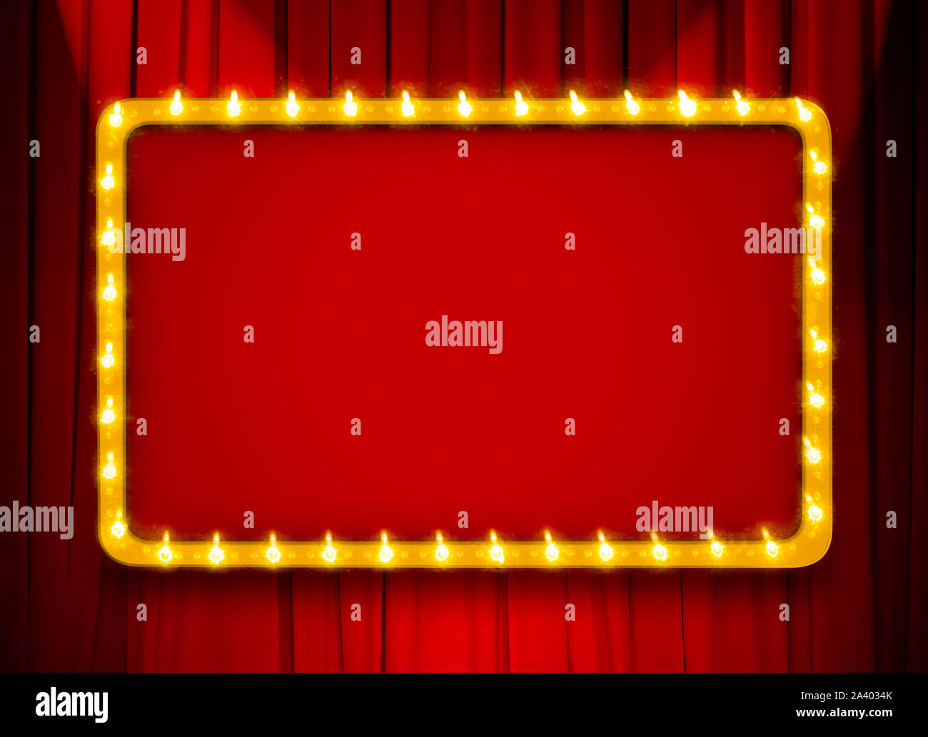 Rotes Licht mit Gold frame auf Theater oder Kino Vorhang Hintergrund Stockfoto