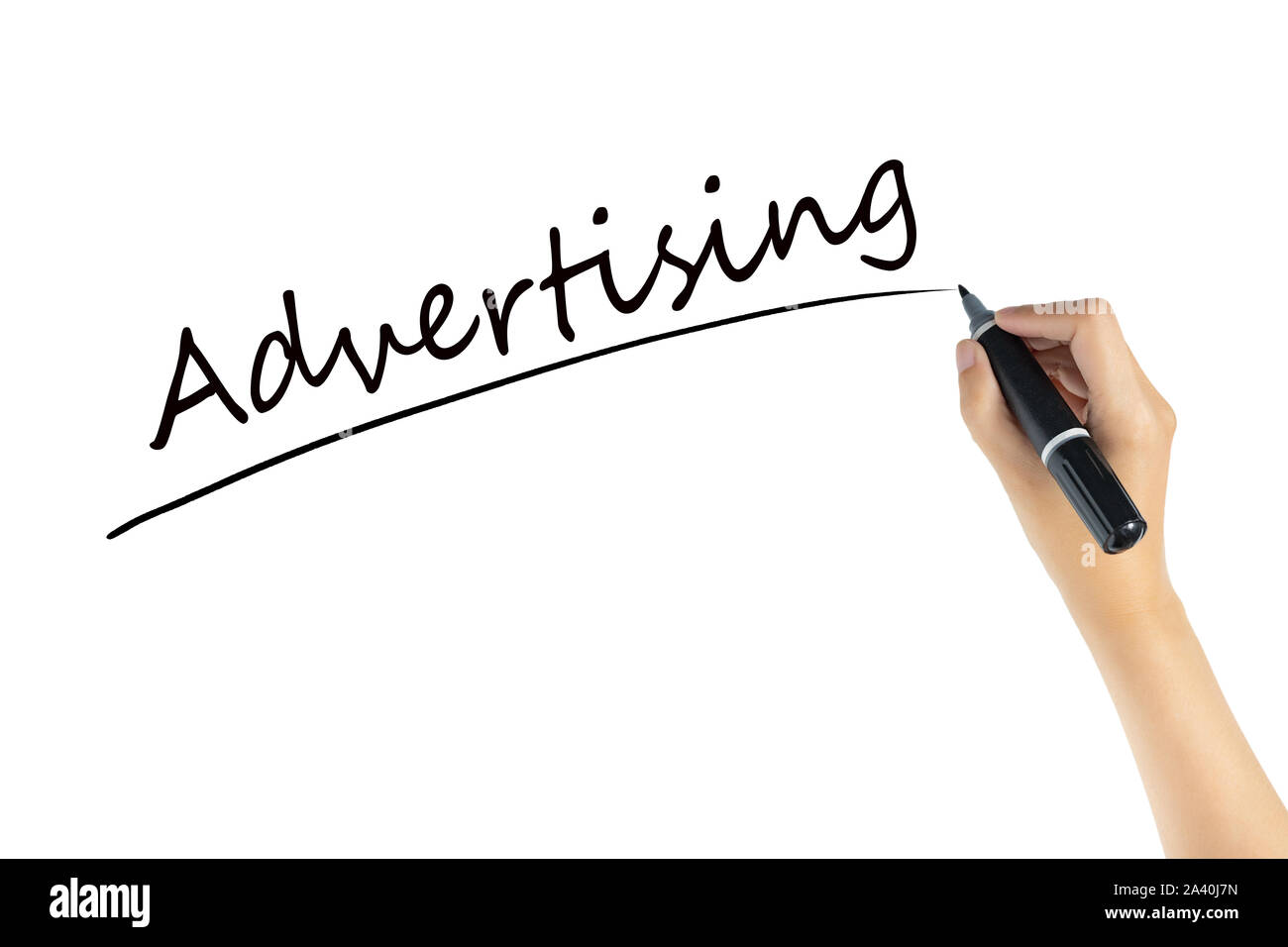 Hand schreiben Wort Werbung Markierstift mit schwarzer Farbe auf weißem Hintergrund. Raum der Werbung für Marketing Konzept Stockfoto