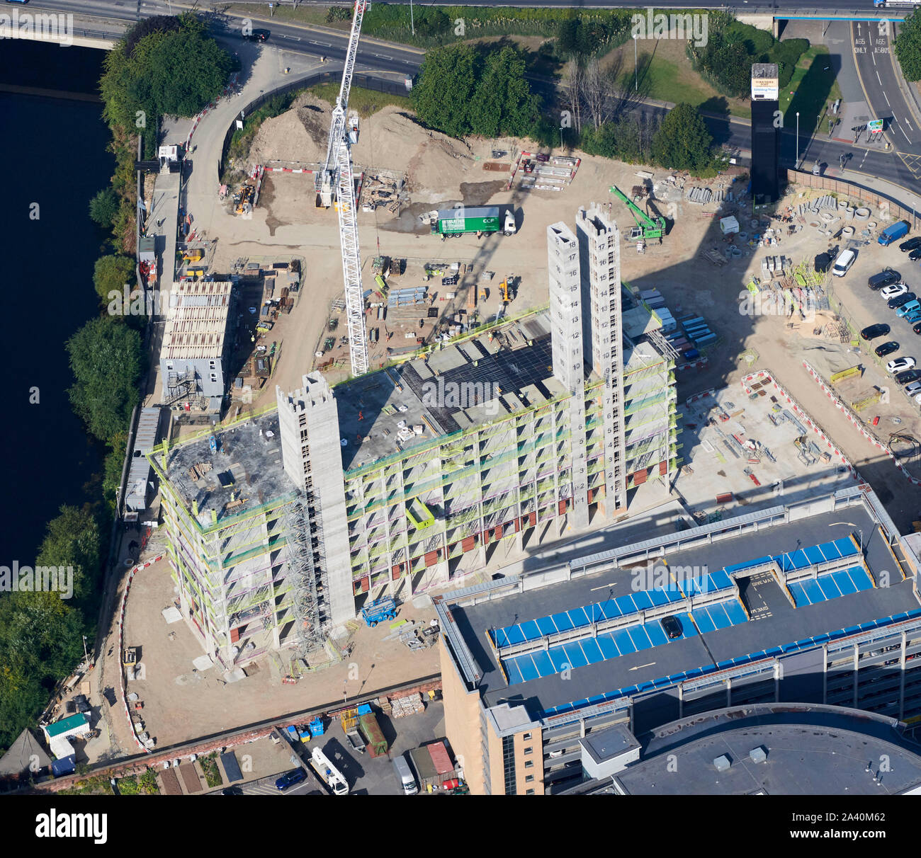 Ansicht von oben der Konkreten Struktur auf der Baustelle Leeds, Nordengland, Großbritannien Stockfoto