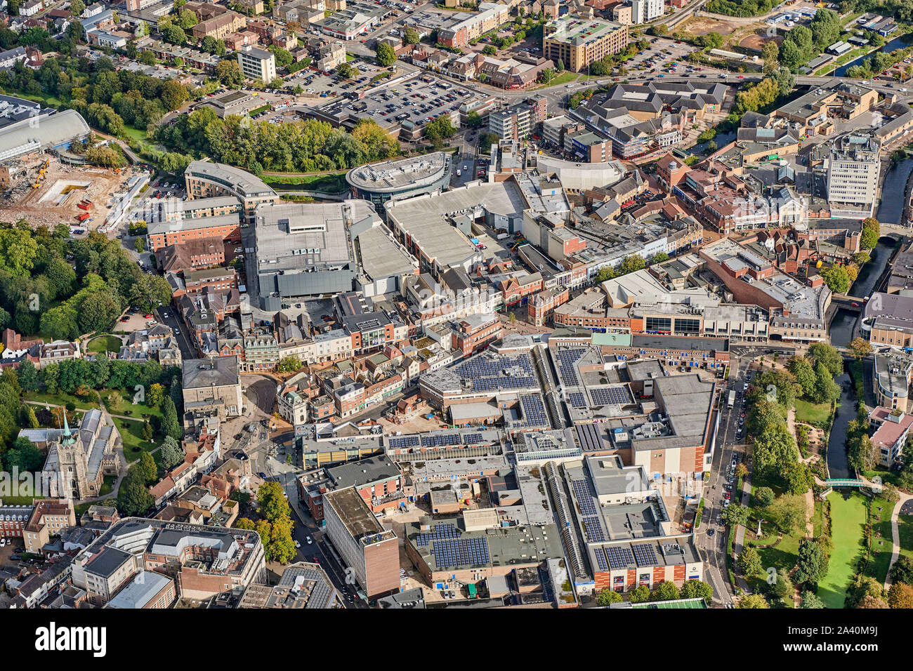 Ein Luftbild von Chelmsford Town Centre, South East England, Großbritannien Stockfoto