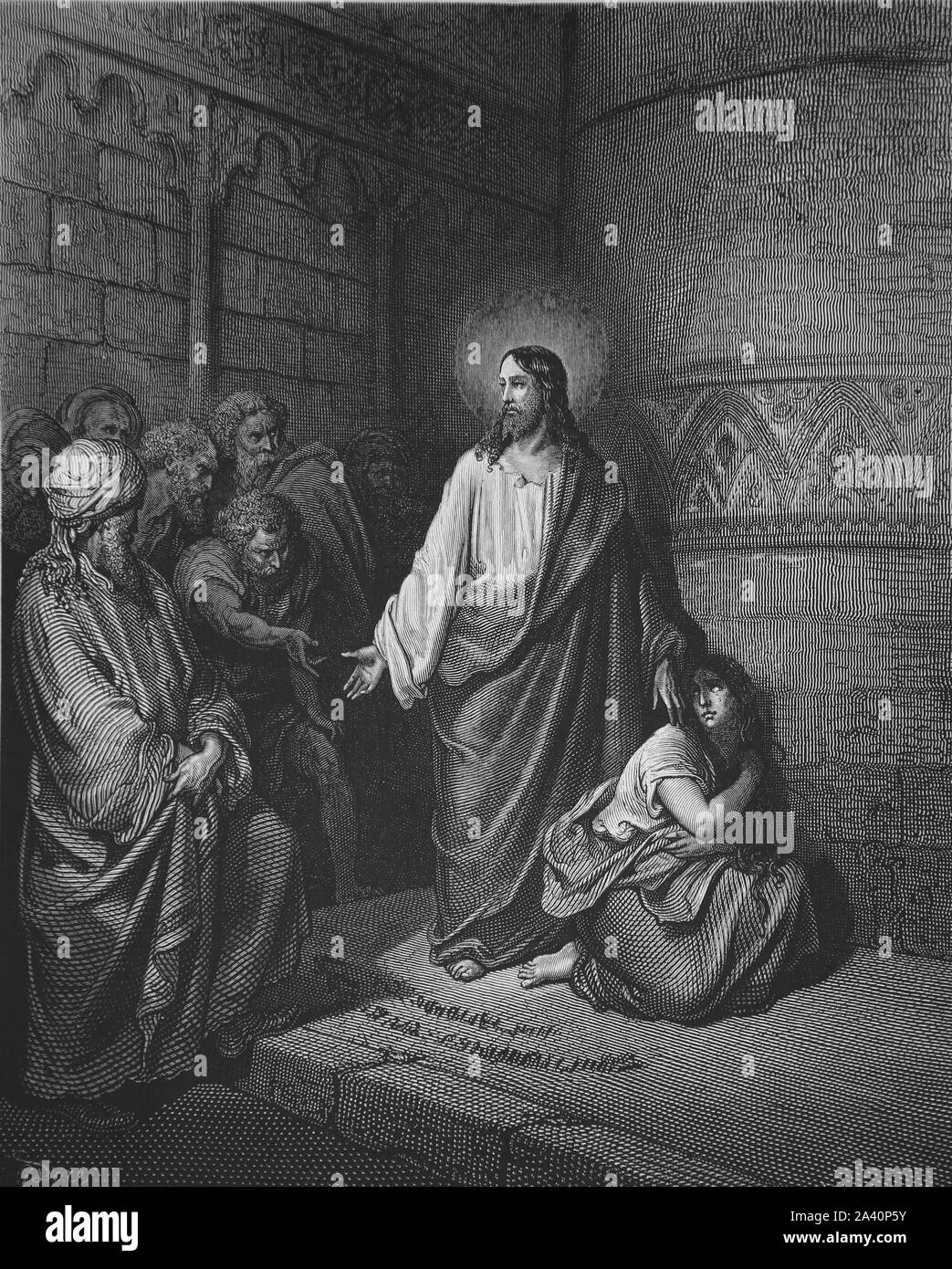Jesus und die Frau, die beim Ehebruch ertappt worden. (Johannes 8:6,7 ...