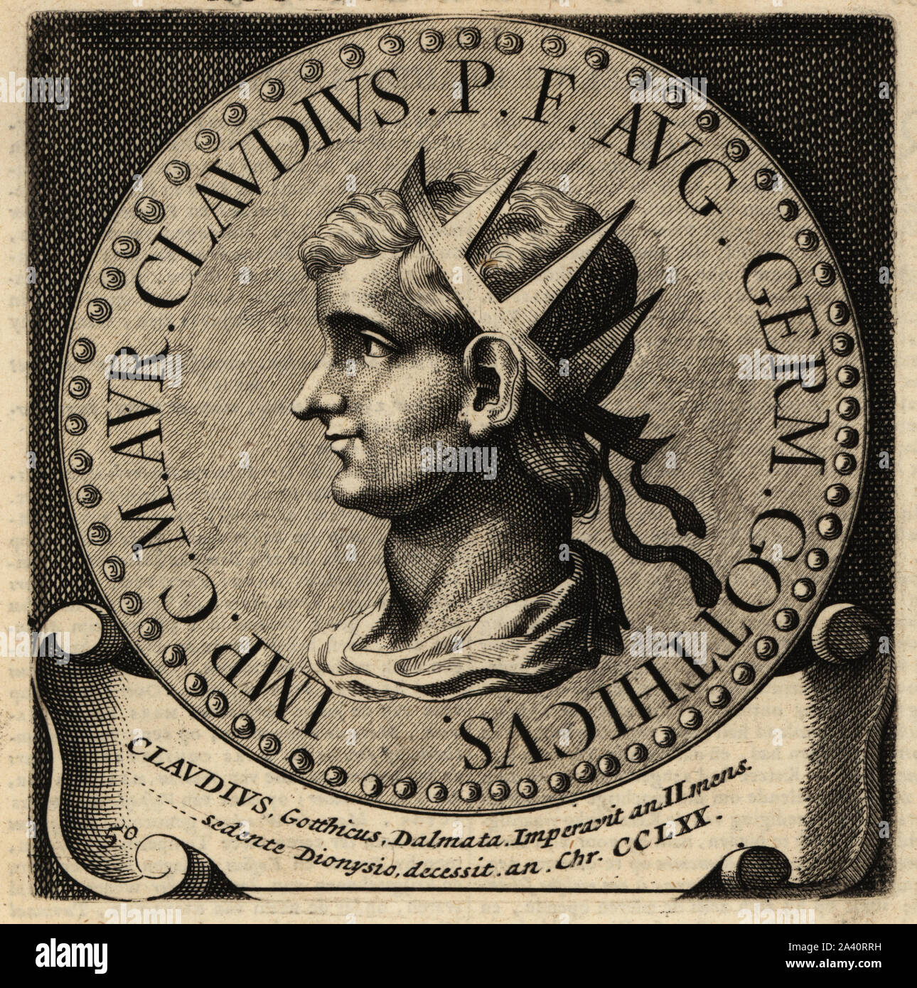 Der römische Kaiser Claudius Gothicus, 214-270. Marcus Aurelius Valerius Claudius Augustus auch als Claudius II bekannt, Römischer Kaiser von 268 bis 270. Kupferstich von Abraham Bogaert De Roomsche Monarchie, der Römischen Monarchie, Francois Salma, Utrecht, 1697. Stockfoto