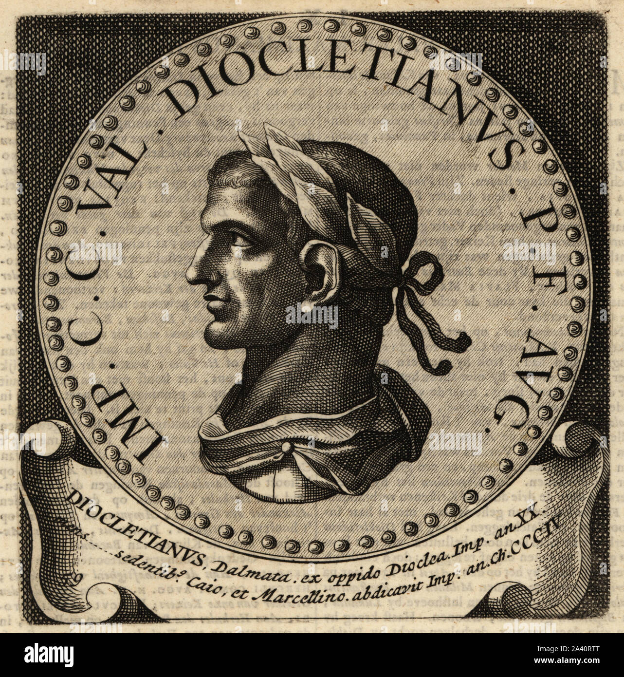 Der römische Kaiser Diokletian, 244-311. Gaius Aurelius Valerius Diocletianus Augustus oder Diocles. Kupferstich von Abraham Bogaert De Roomsche Monarchie, der Römischen Monarchie, Francois Salma, Utrecht, 1697. Stockfoto