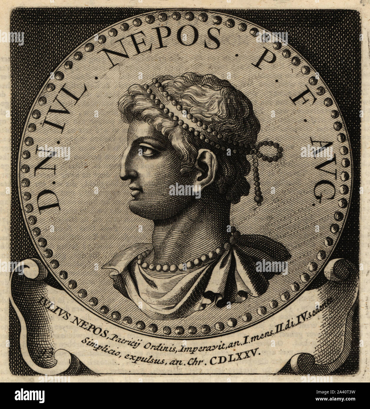 Der römische Kaiser Julius Nepos, 430-480. Flavius Augustus Julius Nepos, Western römischer Kaiser. Kupferstich von Abraham Bogaert De Roomsche Monarchie, der Römischen Monarchie, Francois Salma, Utrecht, 1697. Stockfoto