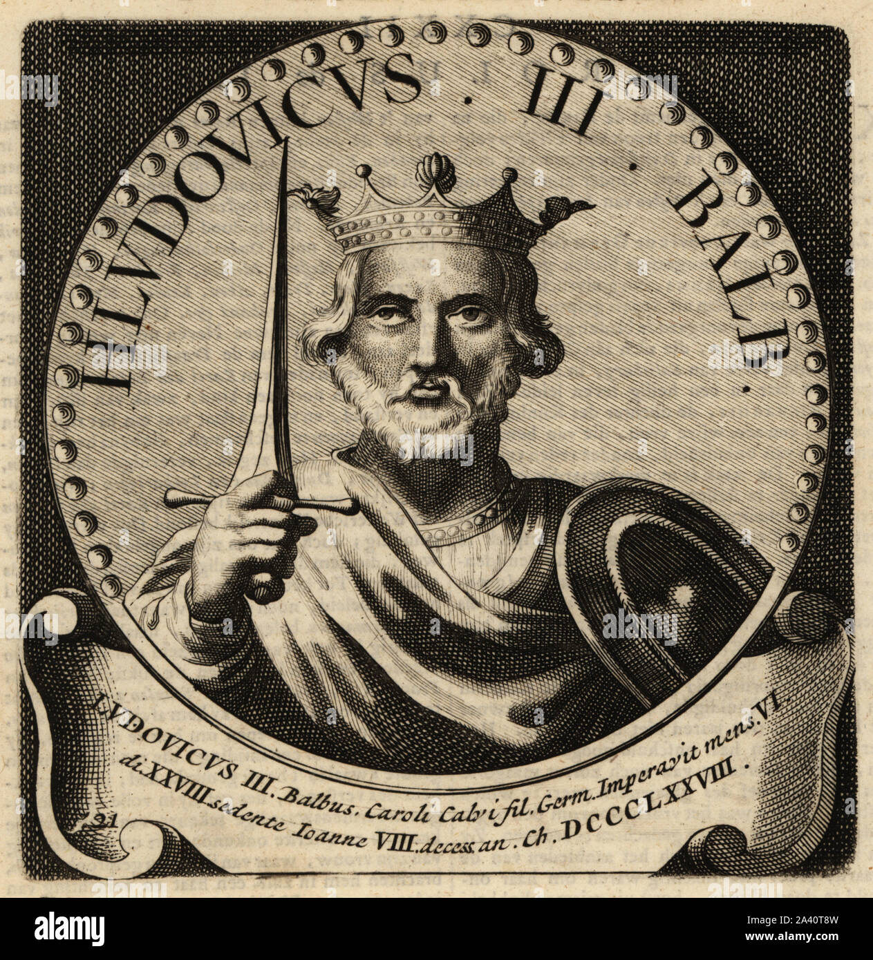 Louis II. oder Louis der Stotterer, 846-878. Ludovicus III, Balbus. König von Aquitanien, König von West Francia. Kupferstich von Abraham Bogaert De Roomsche Monarchie, der Römischen Monarchie, Francois Salma, Utrecht, 1697. Stockfoto