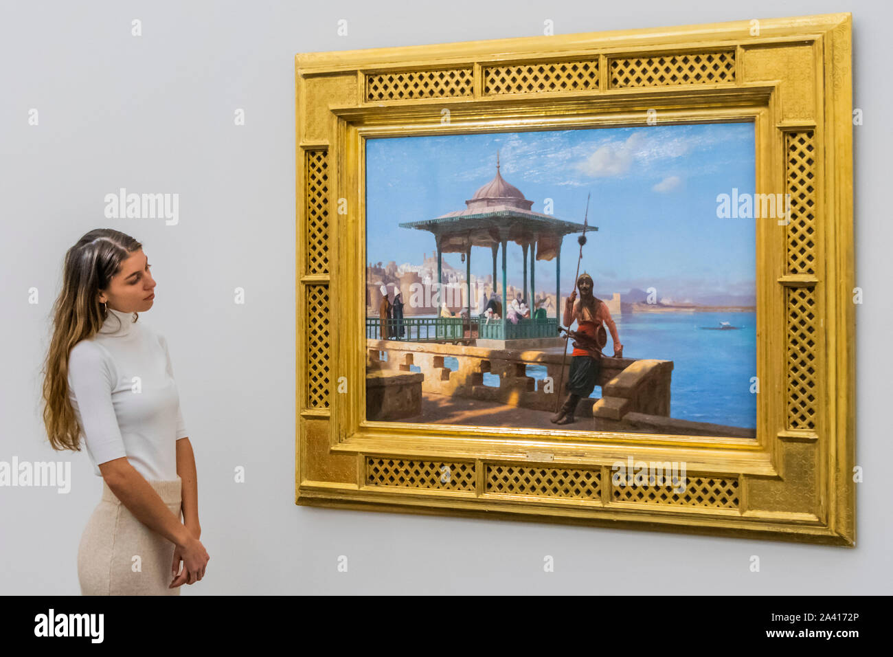 London, Großbritannien. 11 Okt, 2019. Jean-Léon Gérôme, der Harem im Kiosk, Öl auf Leinwand, 1870, est. £ 3,000,000-5.000.000 - Sotheby's bieten 40 Werke aus der legendären Najd Sammlung in einem dedizierten Auktion am Abend des 22. Oktober 2019. Alle 155 Gemälde, Never-Before-gesehen, als Gruppe, wird auf die öffentliche Ansicht vom 11. - 15. Oktober sein. Credit: Guy Bell/Alamy leben Nachrichten Stockfoto