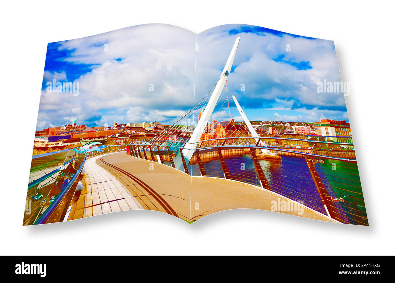Städtischen Skyline von Derry City (auch als Londonderry) mit dem 'Peace Bridge" (Europa - Nordirland) - 3D-Render Konzept Bild eines geöffneten Foto Stockfoto