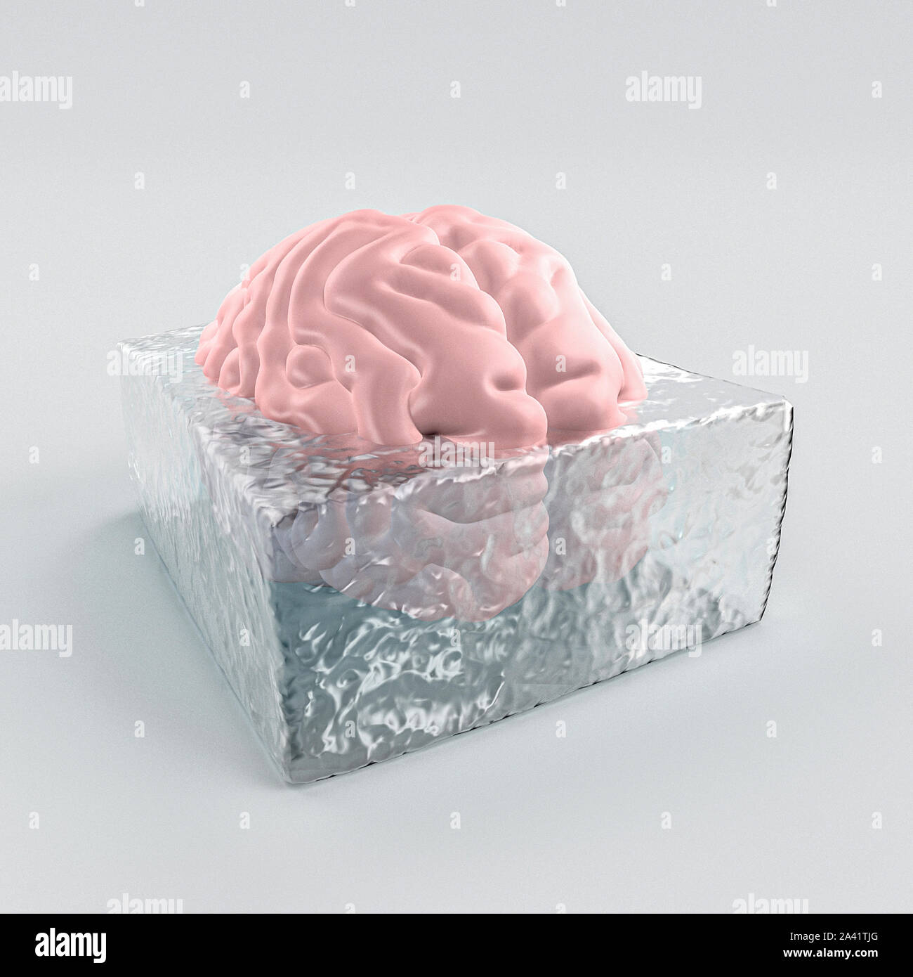 3D-Bild eines menschlichen Gehirns in einem Eisblock eingefroren. Konzept der Geisteskrankheit und wenig Kreativität. Stockfoto