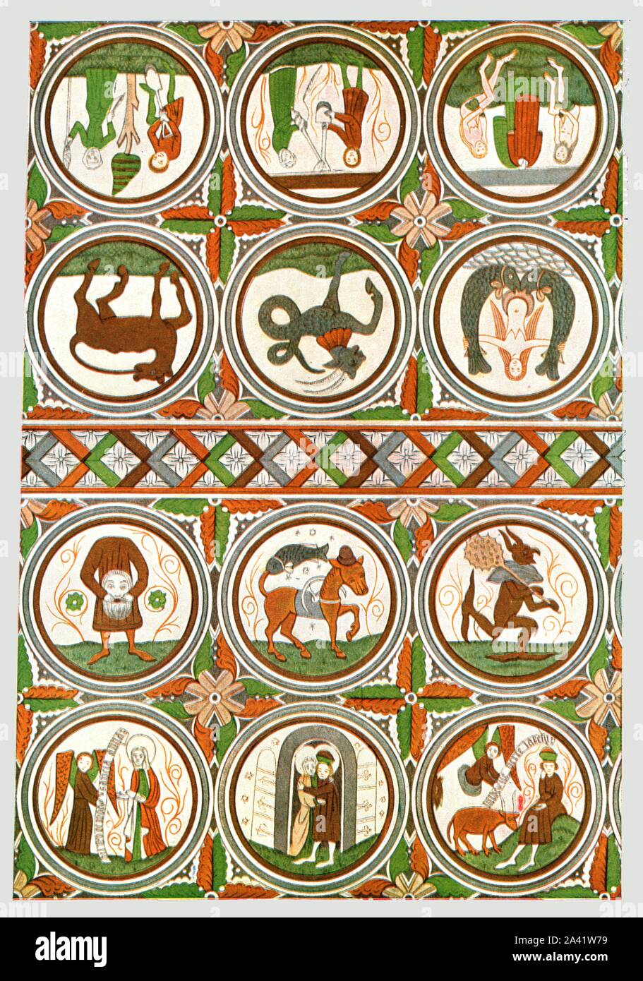 Dekoration in Stora R&#xe5; da alte Kirche, V &#xe4; stra G&#xf6; taland, Schweden, (1928). "Über 1500 ... Malen auf das Kirchenschiff Gewölbe der Kirche aus Holz bei Amnehaerads Roda... Der Giebel Strahl des Kirchenschiffs ist mit Truhe verziert - wie Ornament... von rechts nach links... unten: St. Anne, die der Engel begrüßt (mit schwedischen Wörtern), Joachim trifft Anne, der Engel zu ihm angezeigt, während hütet seine Herde (Schwedische Wörter); oben: Adam und Eva erhalten Kleidung, ein Spaten und ein spinnrocken; Adam forschen und Eva Spinnerei; zwischen: zwei Reihen von Fabelwesen in Medaillons." (Die Kirche wurde im Jahre 2001 verbrannt - ein reconstructi Stockfoto