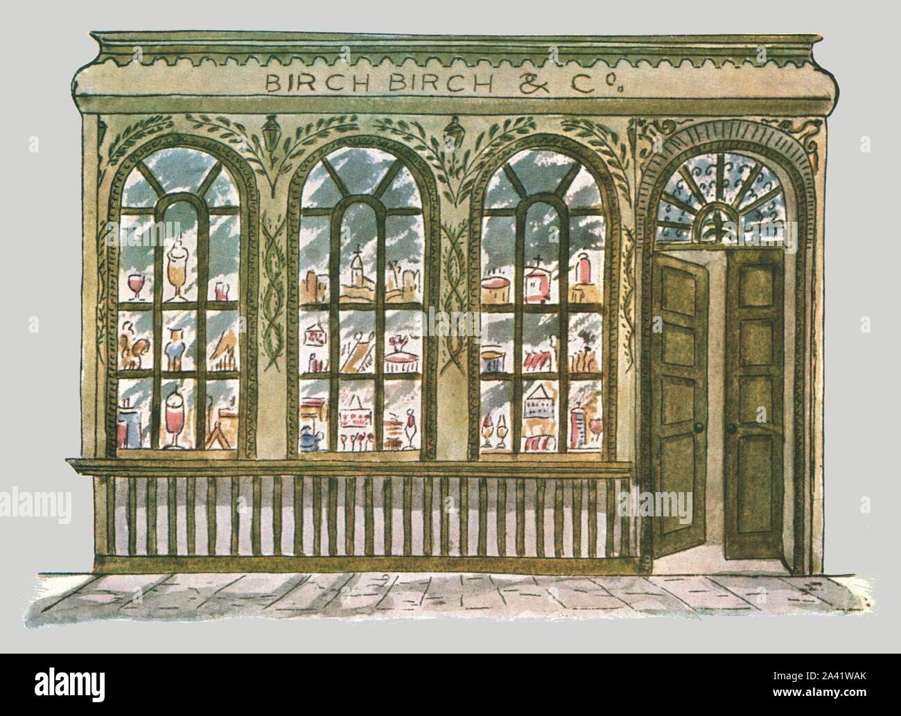 Die Birke shop vorne, City of London, (1928). "Zu Beginn des 19. Jahrhunderts ... London Fassade Malerei ... Nach einer Zeichnung (Ca. 1850) von F. Cornman eines alten Shop in der Nähe des Royal Exchange". Die Birke Birke &Amp; Co Konditorei auf Cornhill, in grün lackiert mit drei gewölbt und abgeschottete Windows. Platte CIX, Bild, von "Eine Enzyklopädie der Farbe Dekoration von den frühesten Zeiten bis zur Mitte des 19.Jahrhunderts" mit erläuternden Text von Helmuth Bossert. [Ernst Wasmuth Ltd., Berlin, 1928] Stockfoto