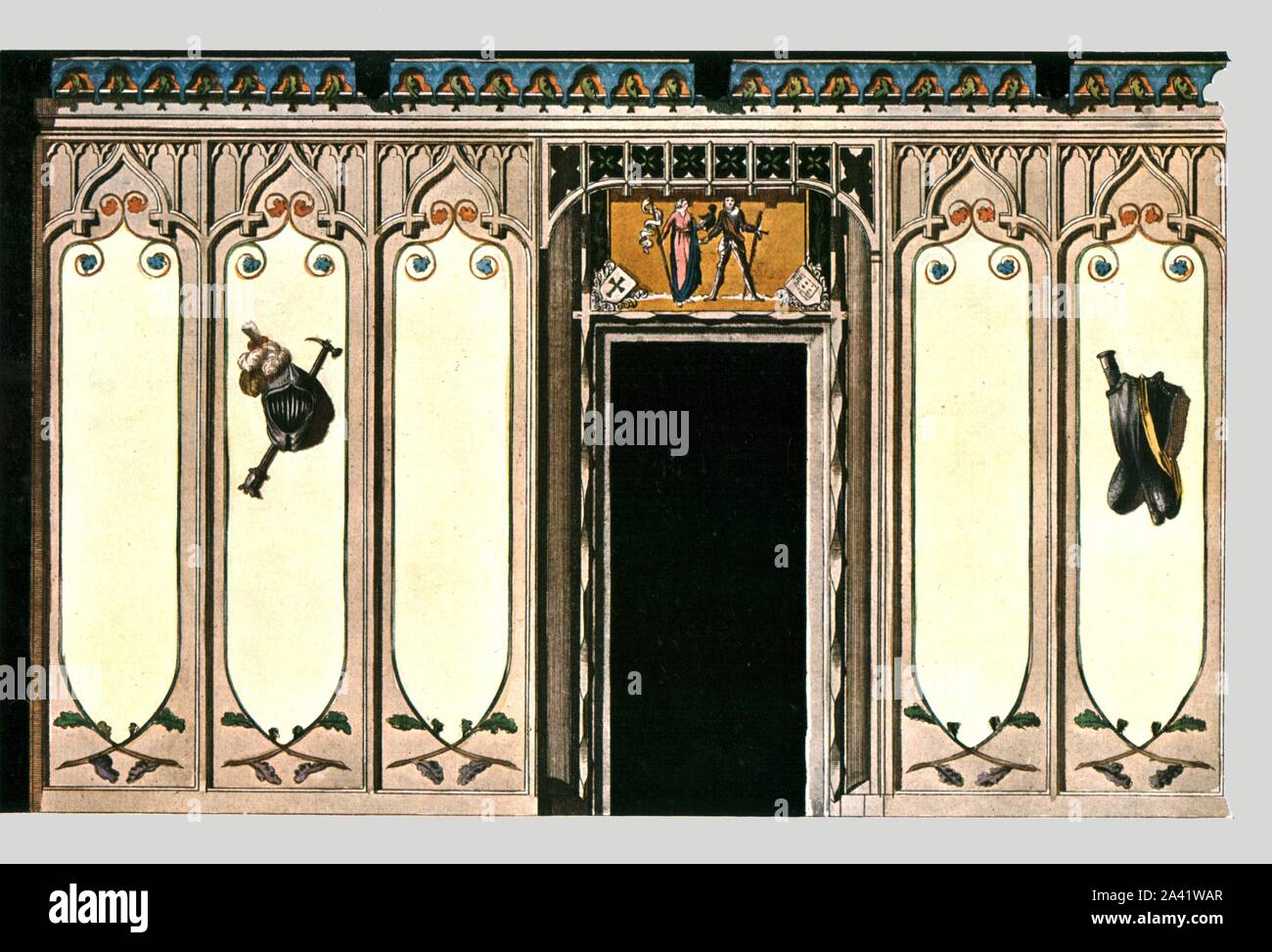 Rittersaal im gotischen Stil, Leipzig, Deutschland, (1928). '1797... Rittersaal im gotischen Geschmack ("Rittersaal im gotischen Stil")... Helme mit Federn (diese können farbige und somit ein angenehmes Spiel der Farben produzieren), Rüstung mit bunten Schärpen, Lanzen, Schwerter, Schlacht - Achsen platziert eine über der anderen, Trompeten und heraldischen Abzeichen sollte abwechselnd auf den Platten wie in der Abbildung gezeigt. Die superporte zeigt einen Ritter und seine Frau mit den Armen rechts und links von zwei alten aristokratischen Familien vereint durch ihre Ehe. Die Balken der Decke, wie profilierte Stockfoto