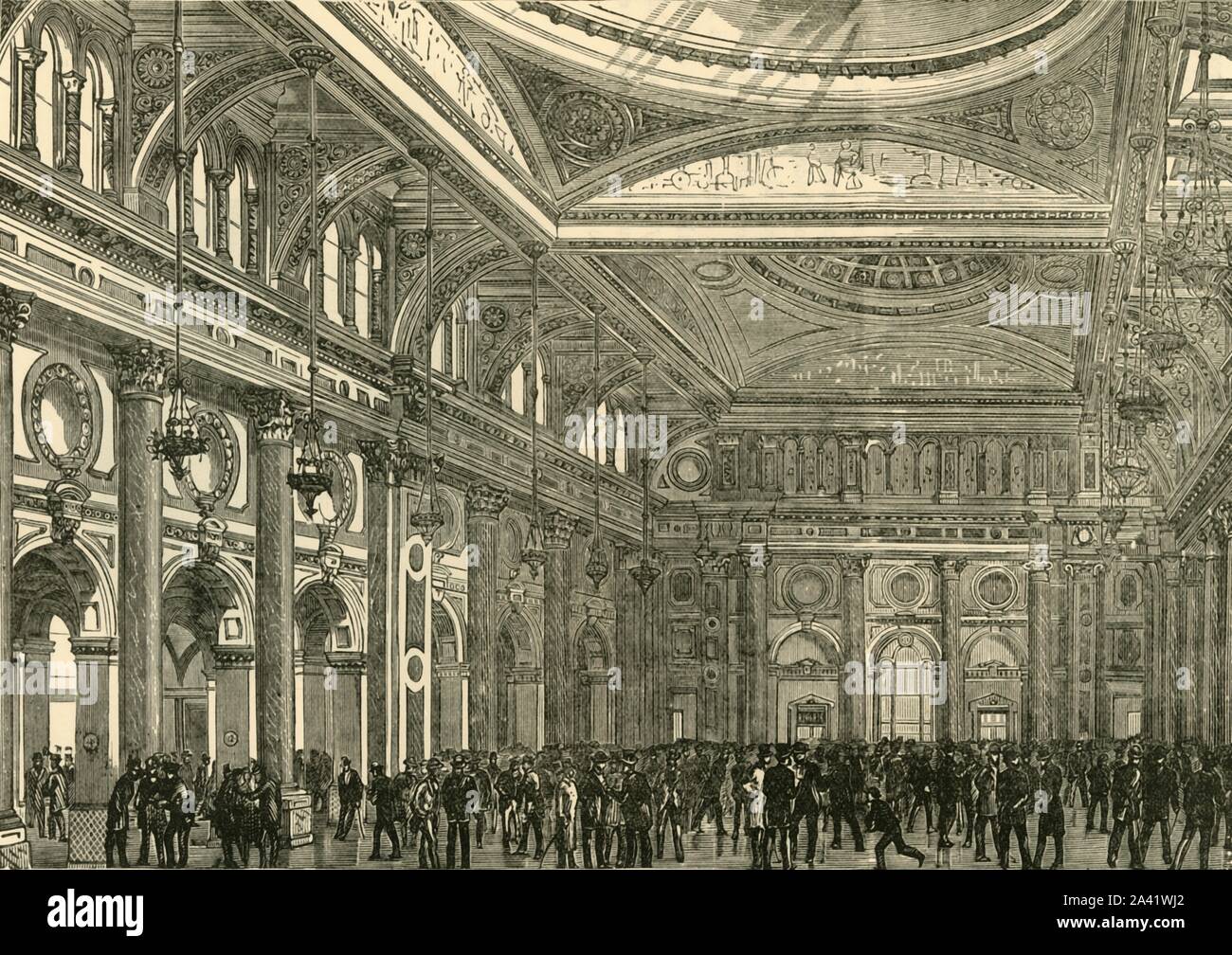 'Innere der Royal Exchange", 1898. Der Royal Exchange und trading Hall, denkmalgeschützte Gebäude in Manchester, England für Baumwolle Importeure und Makler. Von "unserem eigenen Land, Band III". [Cassell und Company, Limited, London, Paris & Amp; Melbourne, 1898] Stockfoto