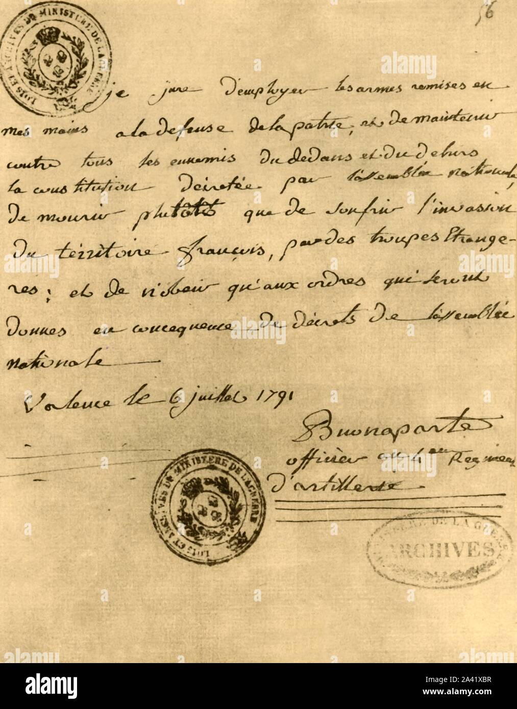 Napoleons Verfassungseid, 6. Juli 1791, (1921). Die erment de Bonaparte&#xe0; la Verfassung, 6 juillet 1791'. Eid unterzeichnet von Napoleon Bonaparte (1769-1821), Versprechen treu zu seinem Land zu sein, das Gesetz und den König. Faksimile Dokument von "Napoleon" von Raymond Guyot. [H. Mehlig, Paris, 1921] Stockfoto