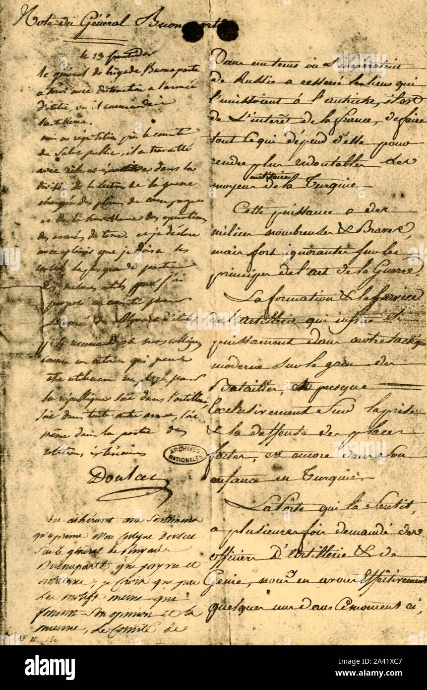 Hinweis von General Bonaparte, 13. September 1795, (1921). 'Hinweis du g&#xe9;n&#xe9;ral Bonaparte (27 fructidor Eine III)". Dokument geschrieben von Napoleon Bonaparte (1769-1821) zu den Themen seiner späteren Mission in der Türkei. Faksimile Dokument von "Napoleon" von Raymond Guyot. [H. Mehlig, Paris, 1921] Stockfoto